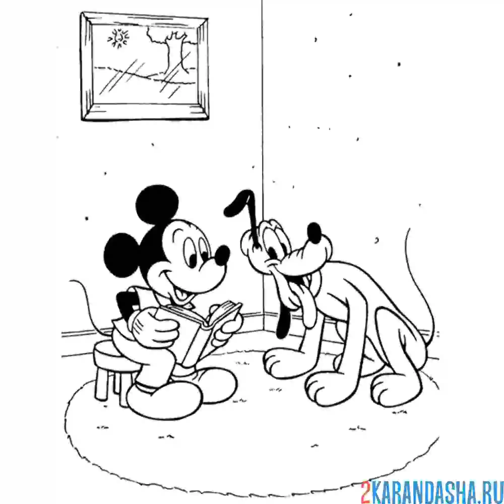 Раскраска микки маус играет с плуто