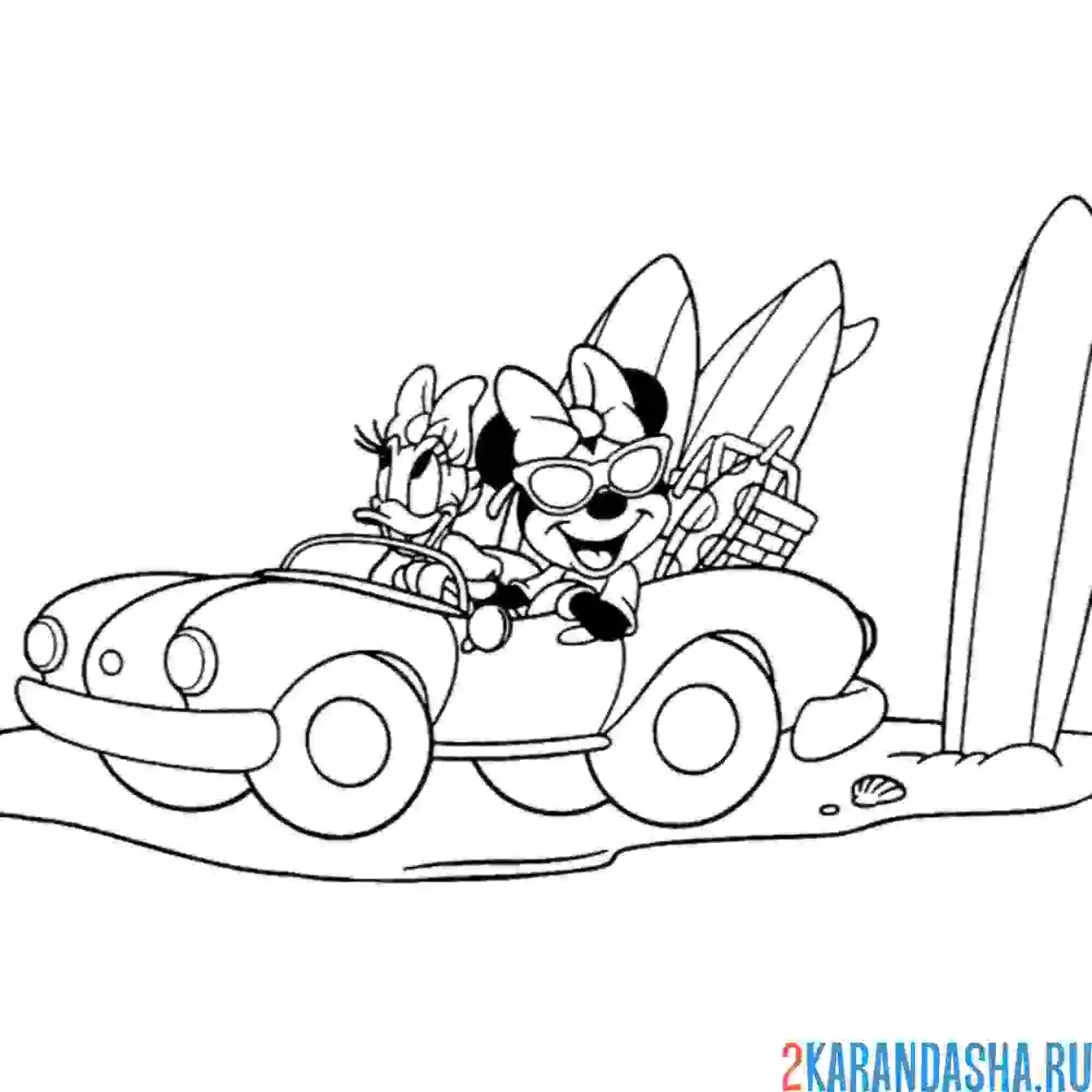 Раскраска подружки минни маус на машине