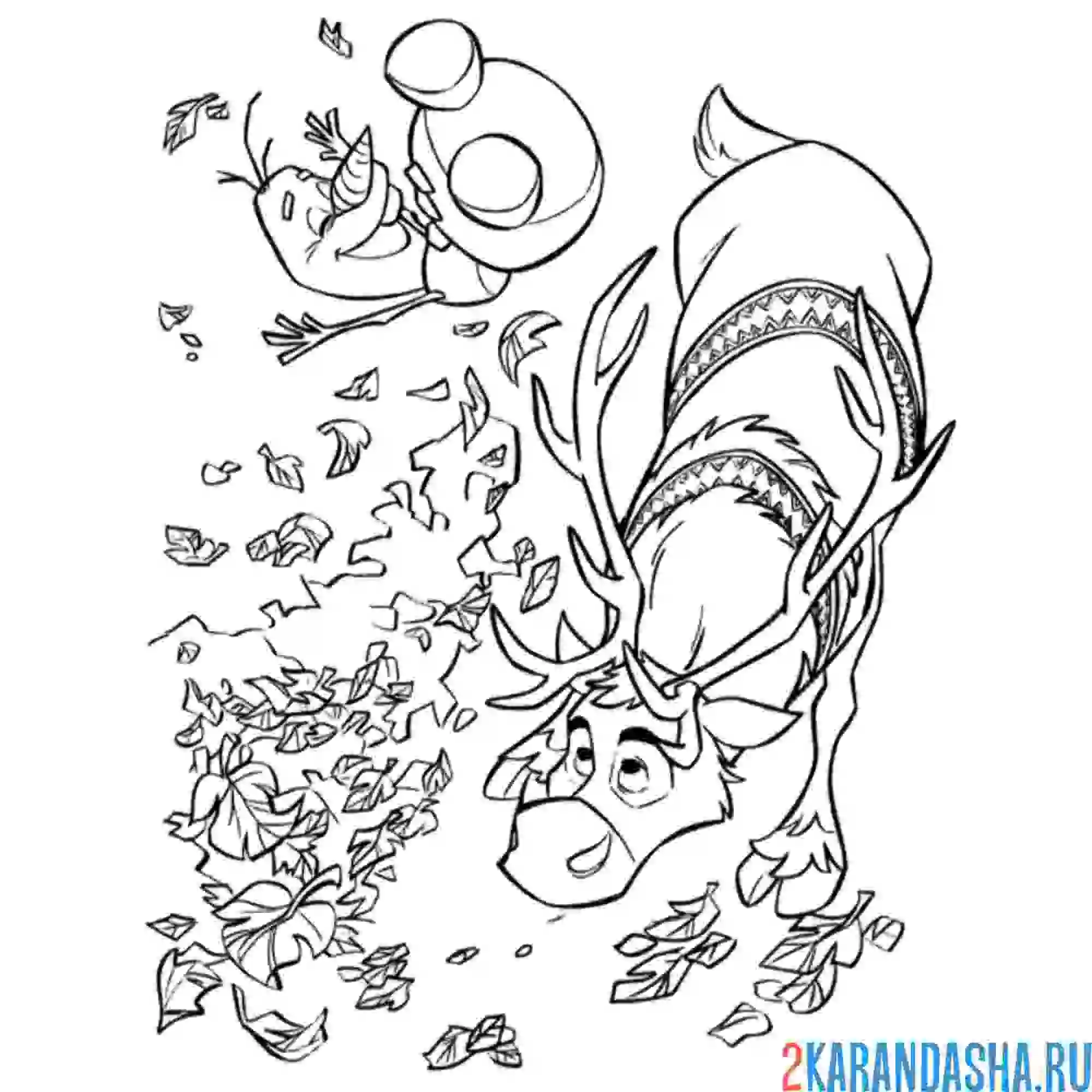 Раскраска олаф и свен в зачарованном лесу