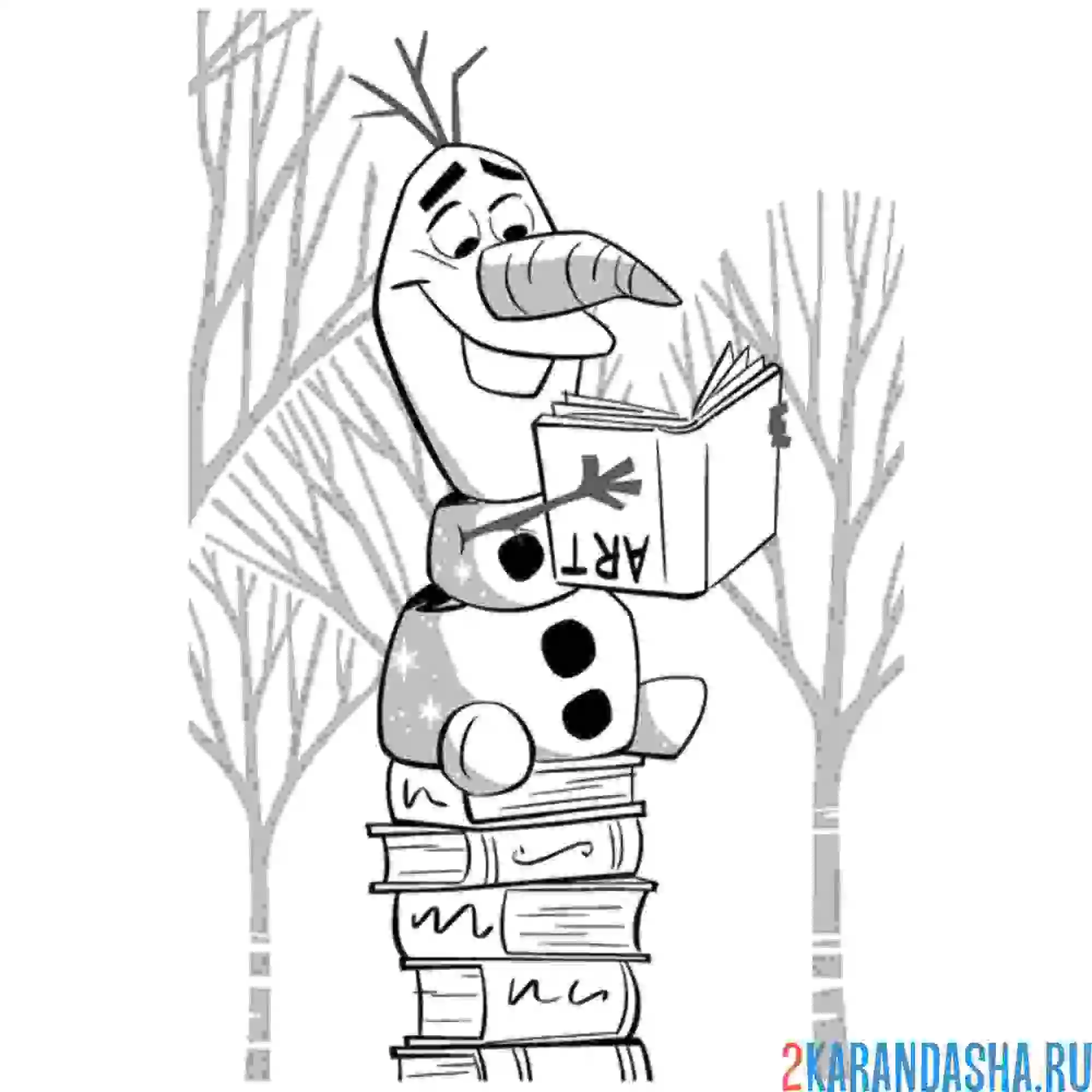 Раскраска олаф читает книгу в лесу