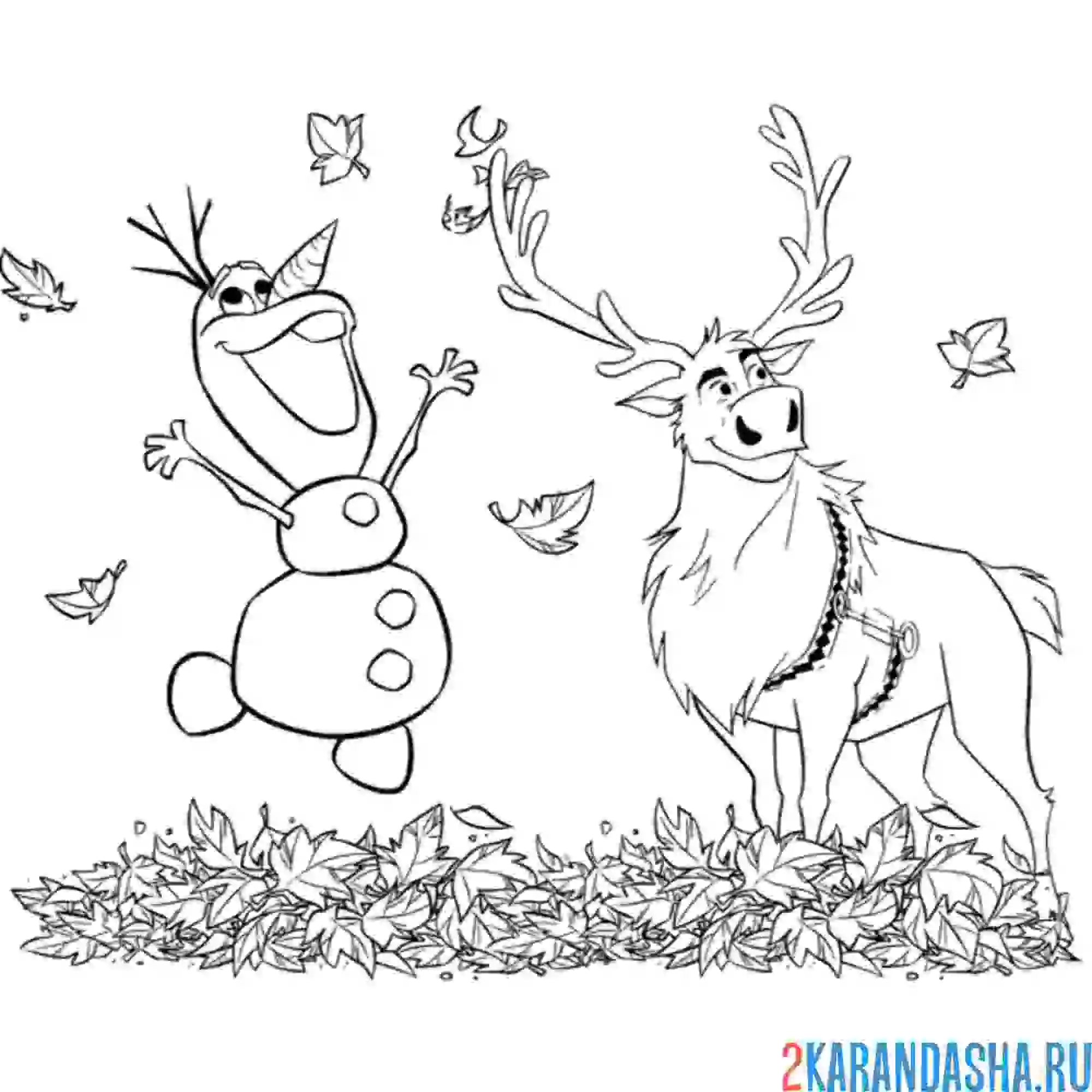 Раскраска олаф и свен в листьях