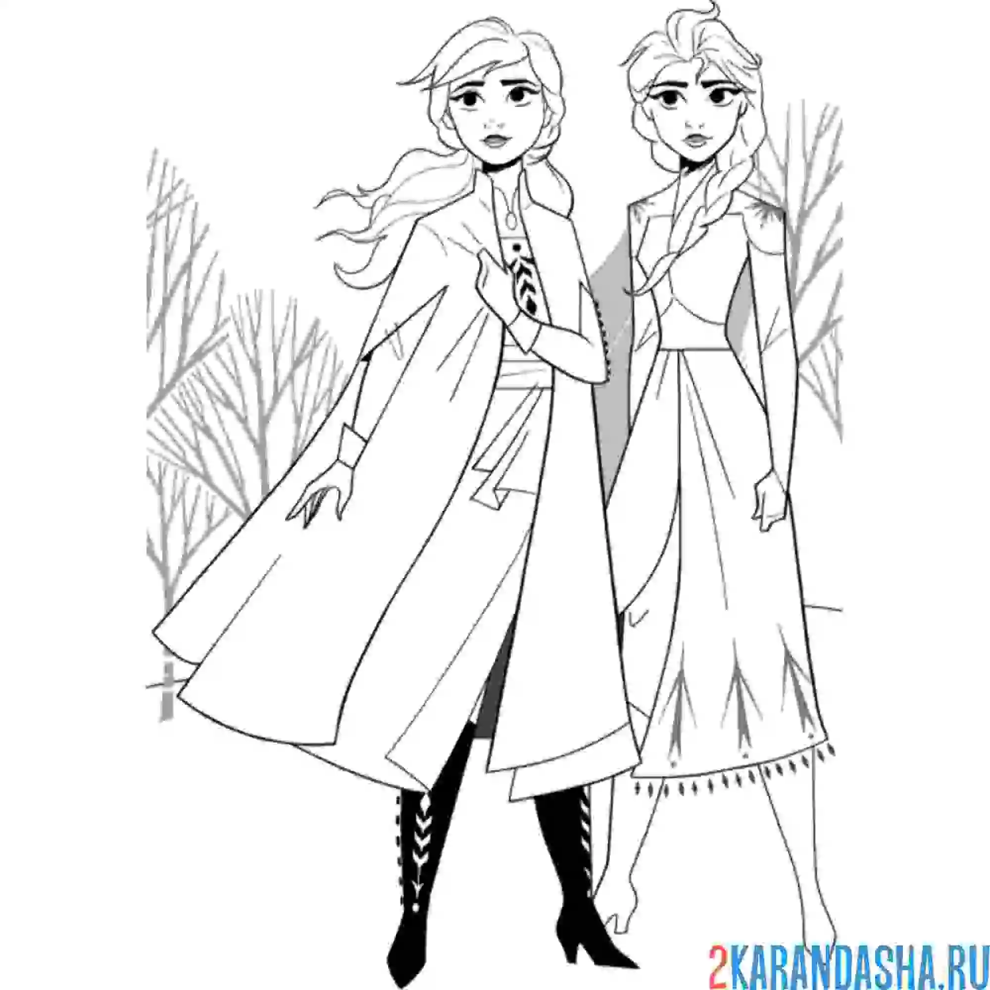 Раскраска анна и эльза в волшебном лесу