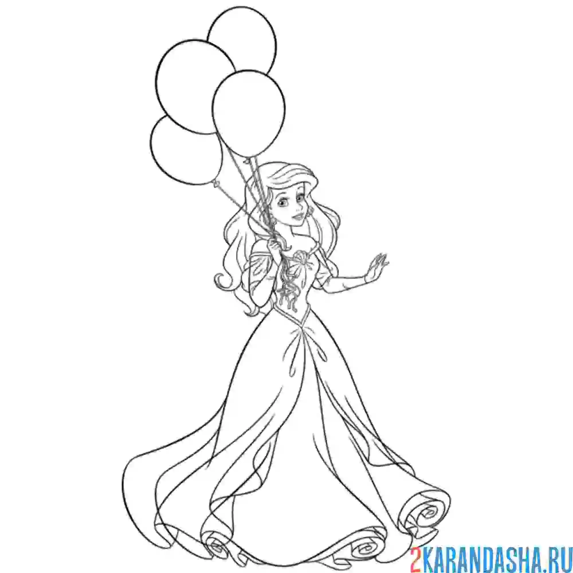 Раскраска русалочка ариэль принцесса в платье с шариками