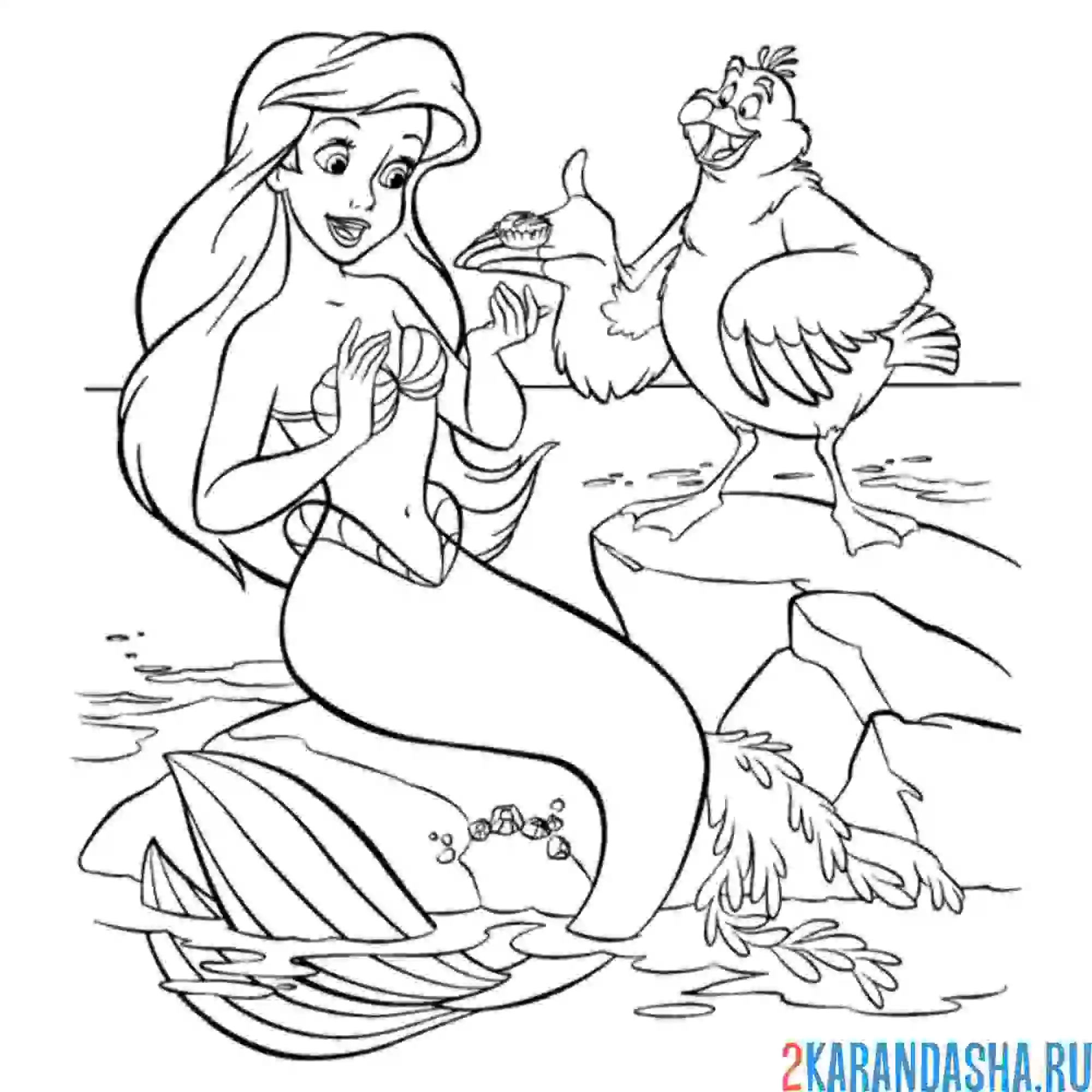 Раскраска русалочка ариэль и птица
