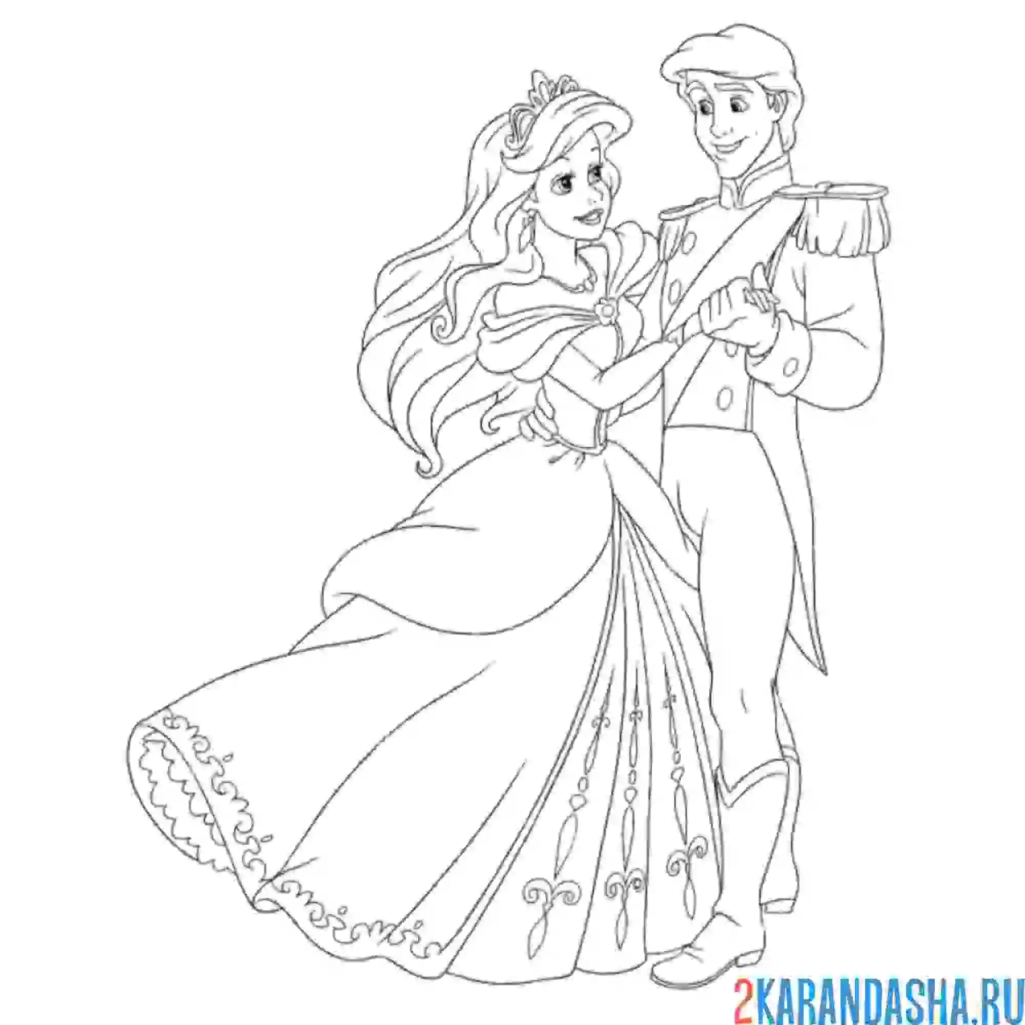 Раскраска свадебный танец ариэль и принца