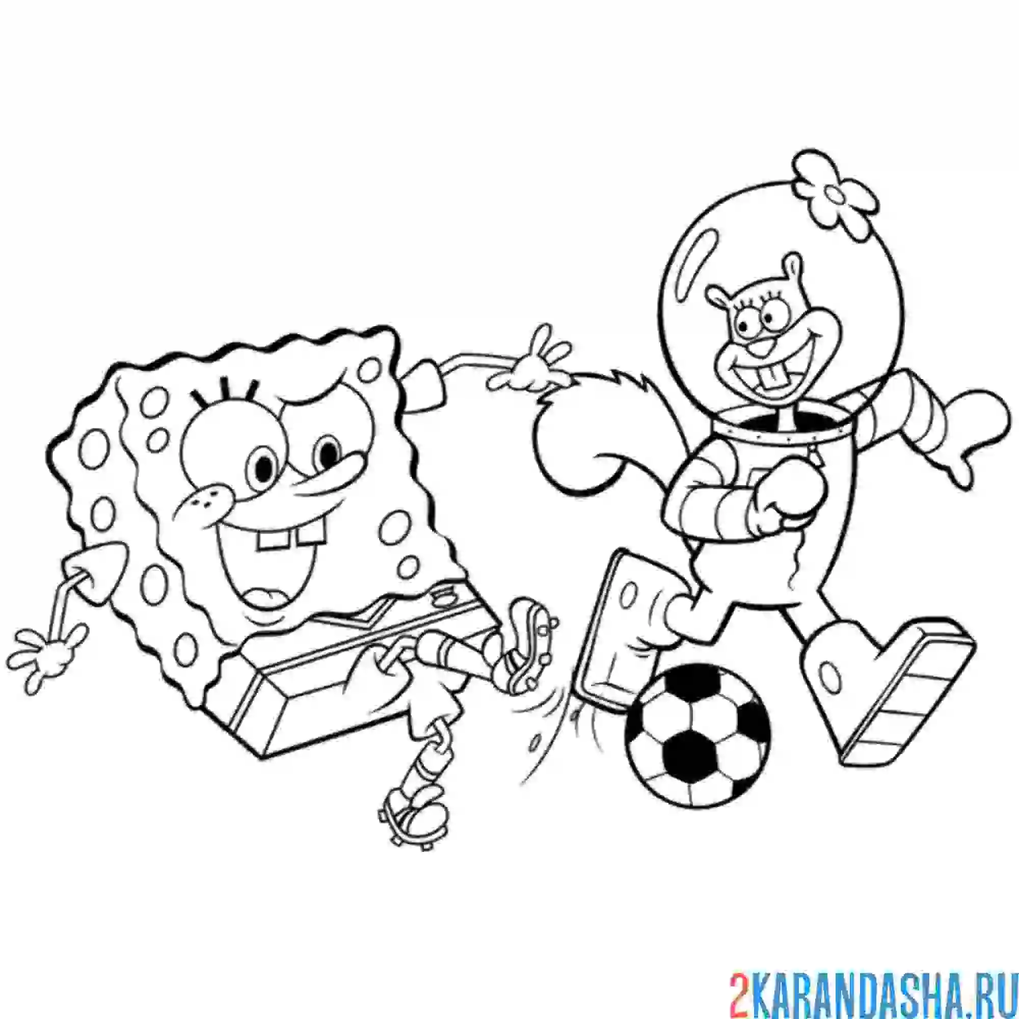 Раскраска губка боб и сэнди играют в футбол