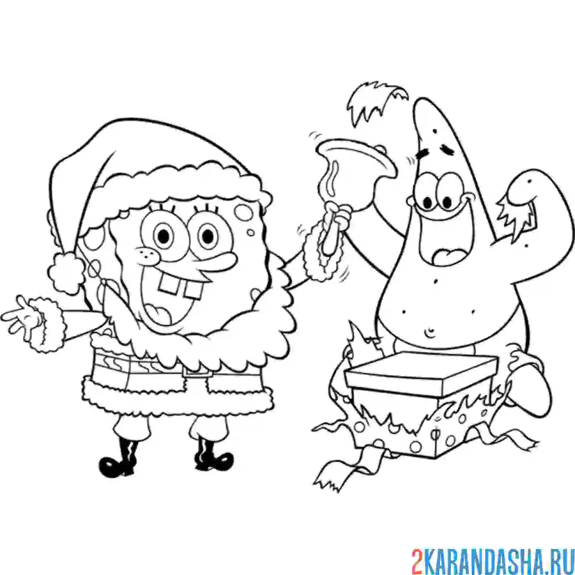 Раскраска губка боб и патрик празднуют рождество