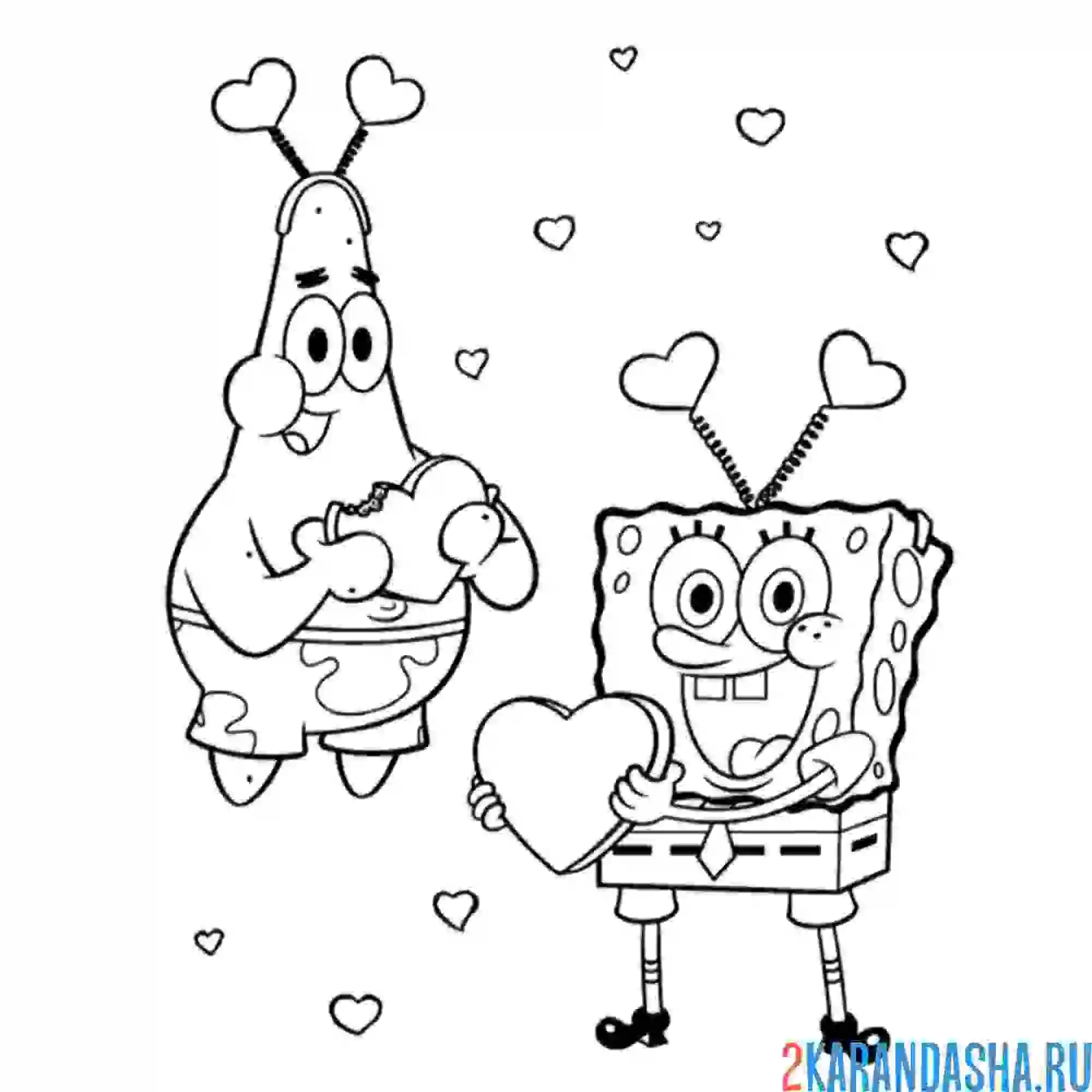 Раскраска губка боб и патрик в сердечках