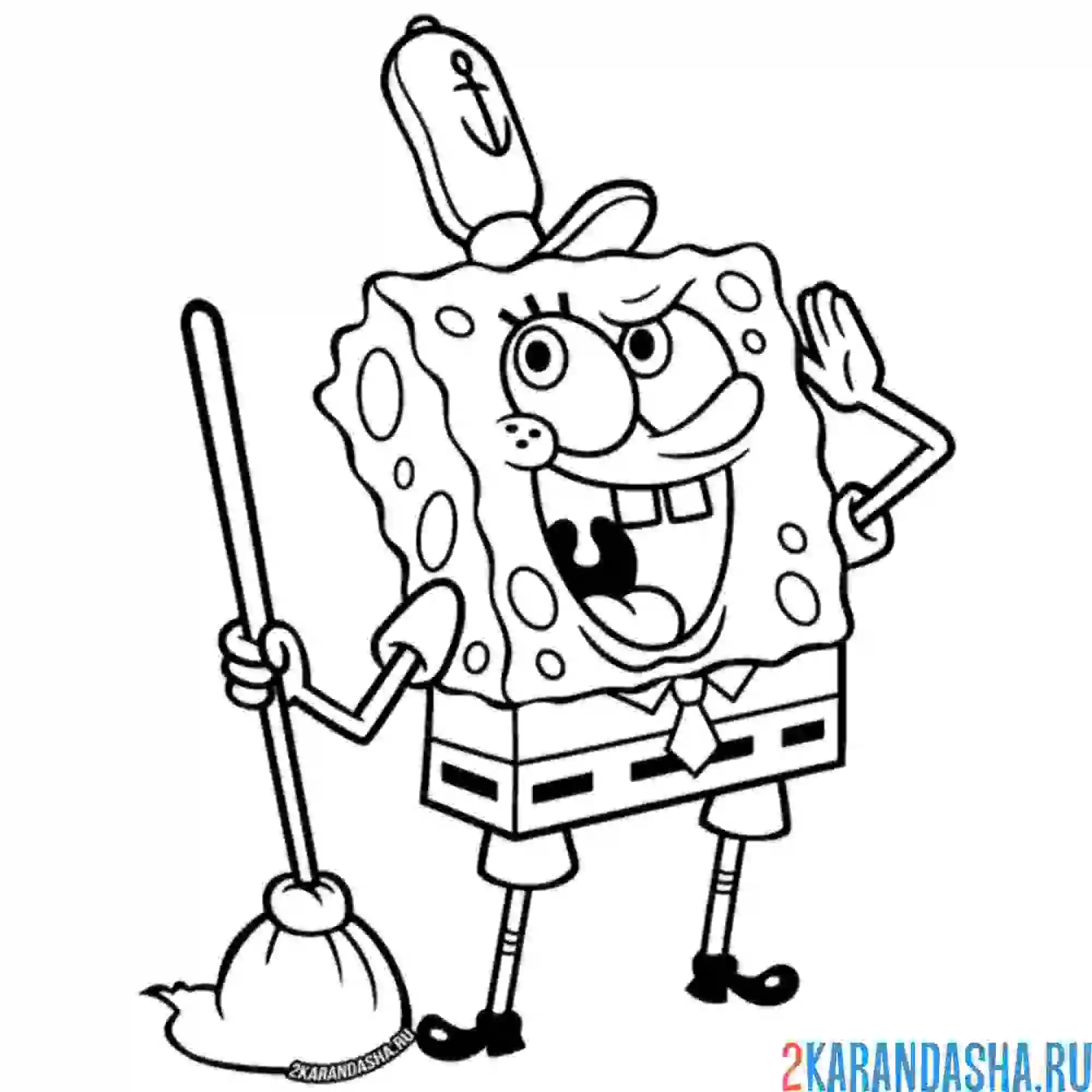 Раскраска губка боб со шваброй