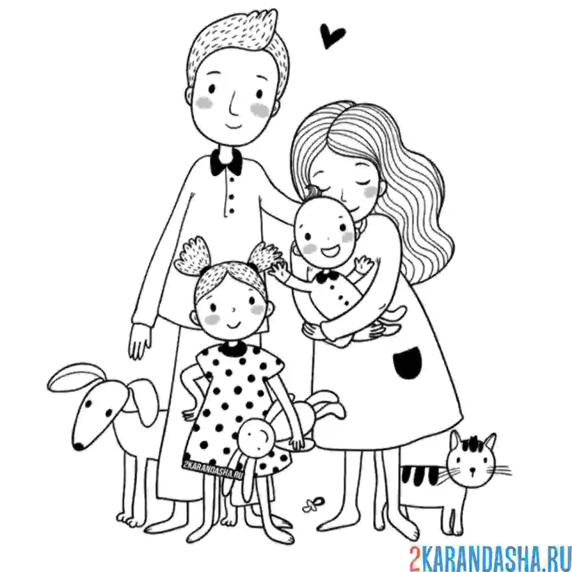 Раскраска семья, где мама, папа, двое детей и животные
