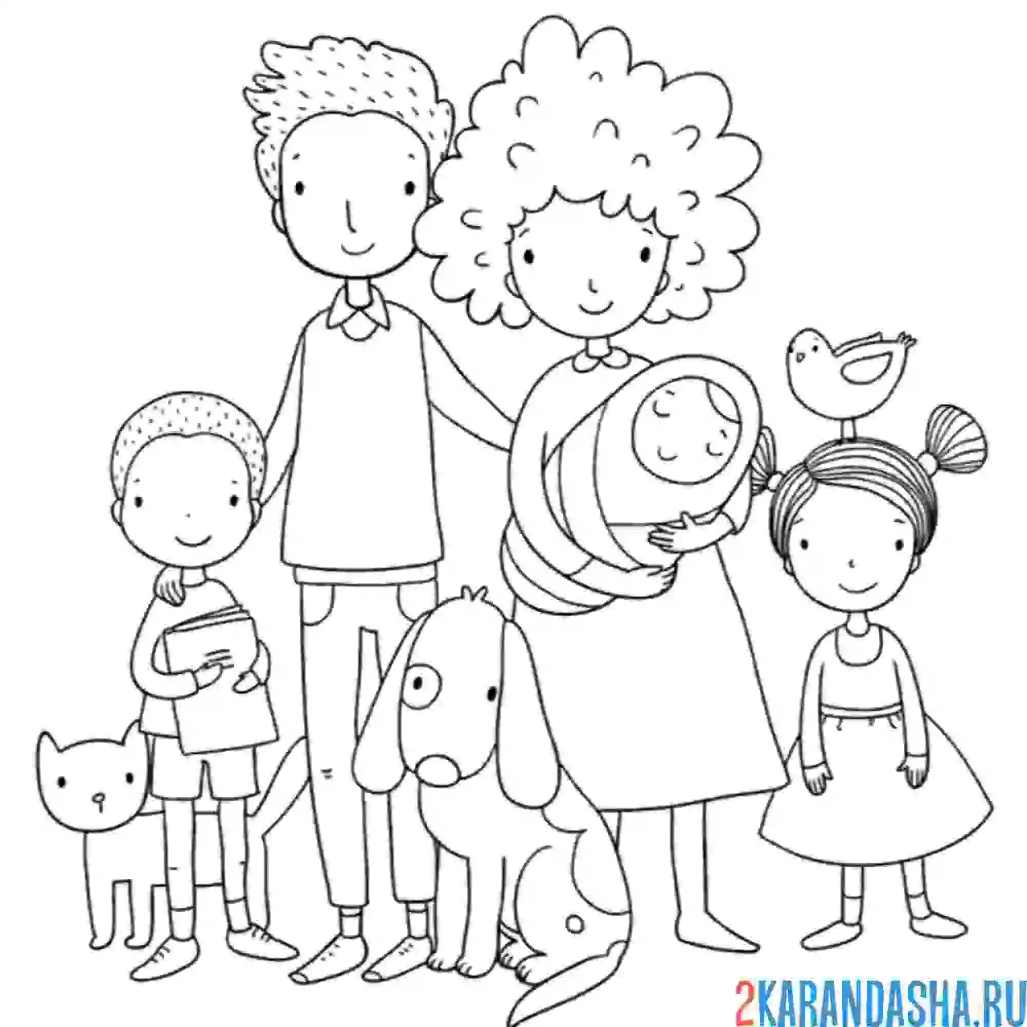 Раскраска большая дружная семья и животные