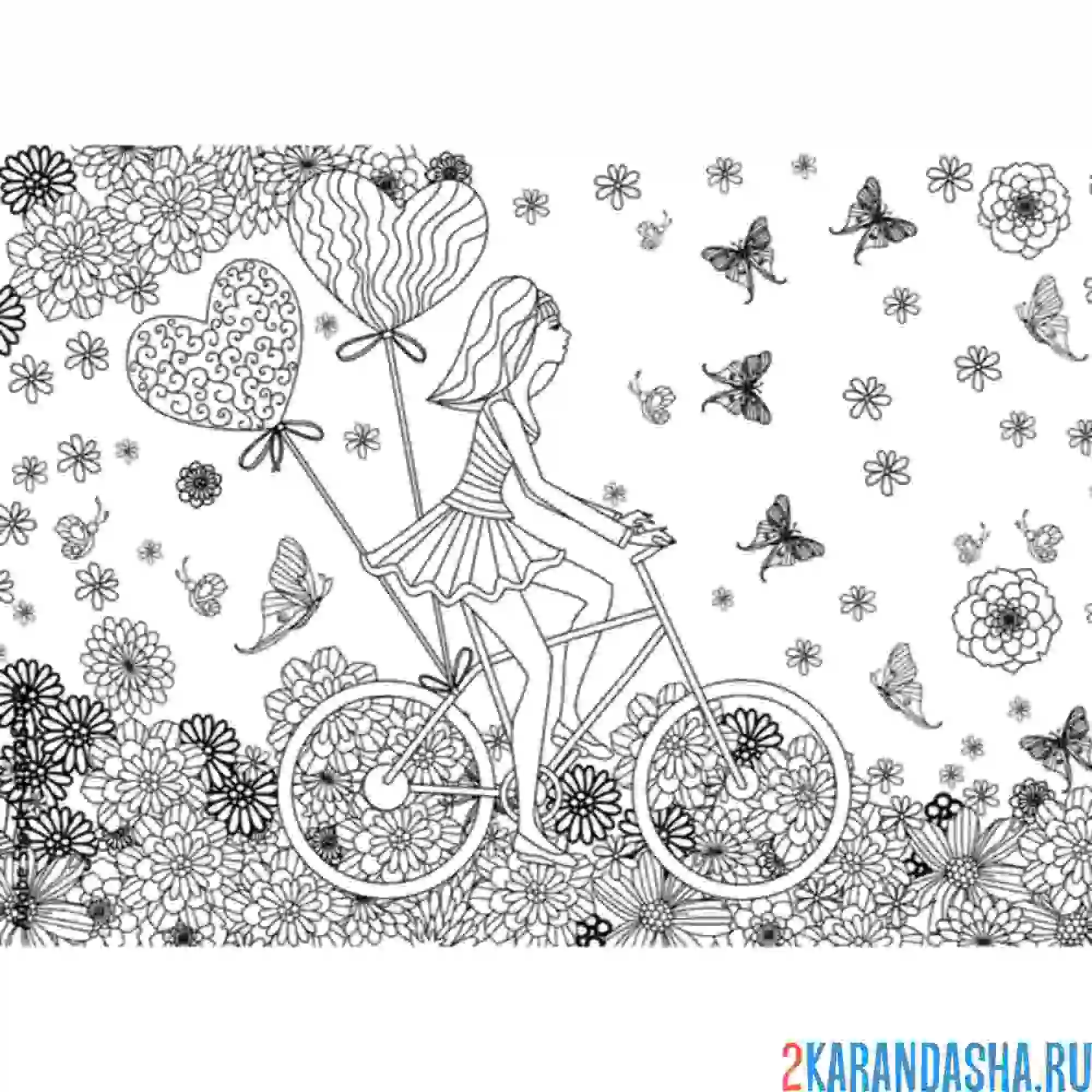 Раскраска девушка на велосипеде