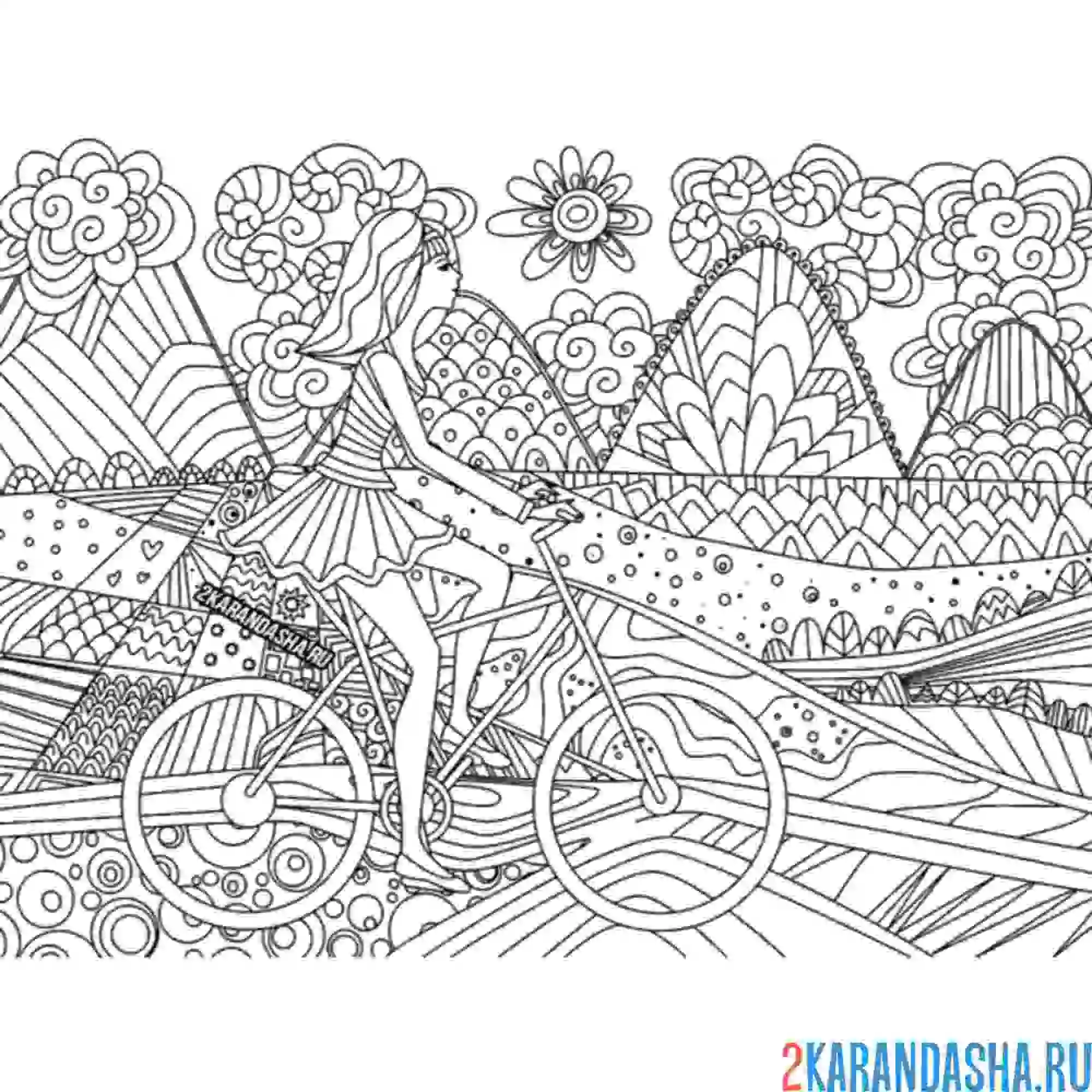 Раскраска девушка на велосипеде антистресс