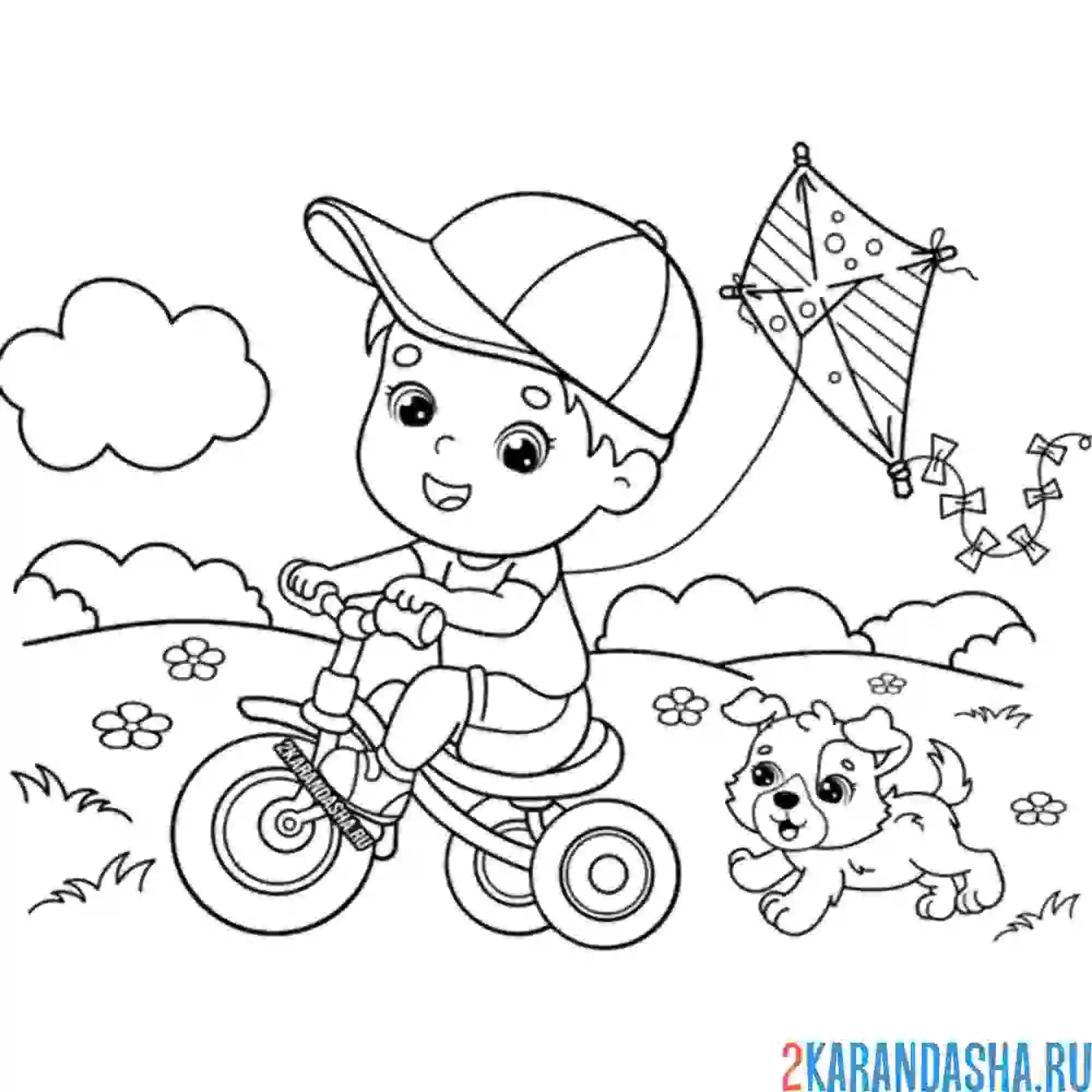 Раскраска мальчика едет на велосипеде