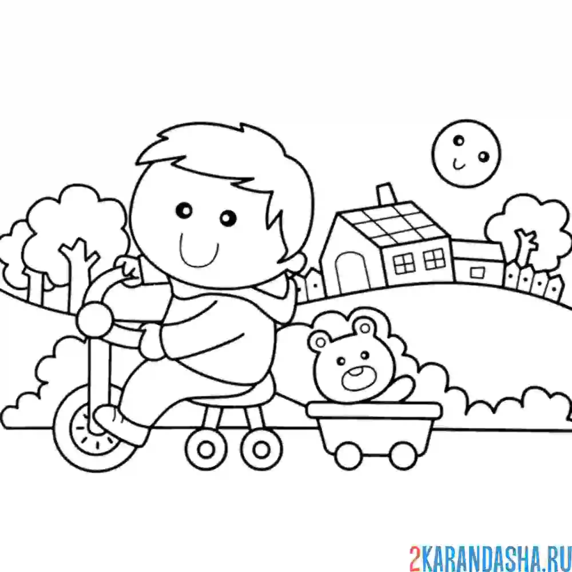 Раскраска трехколесный велосипед и мальчик