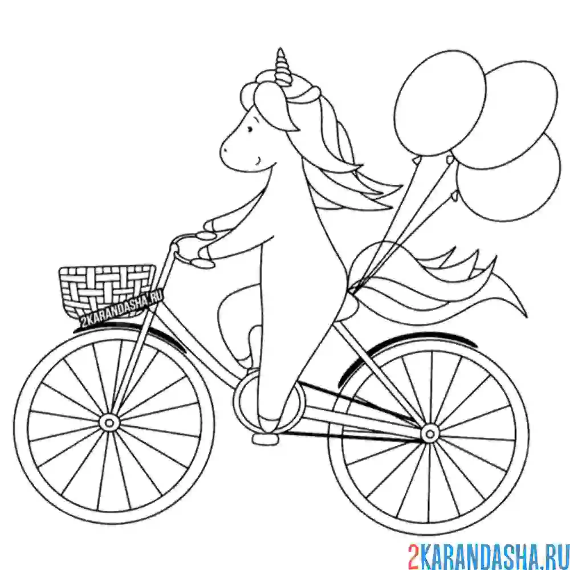 Раскраска единорог на велосипеде