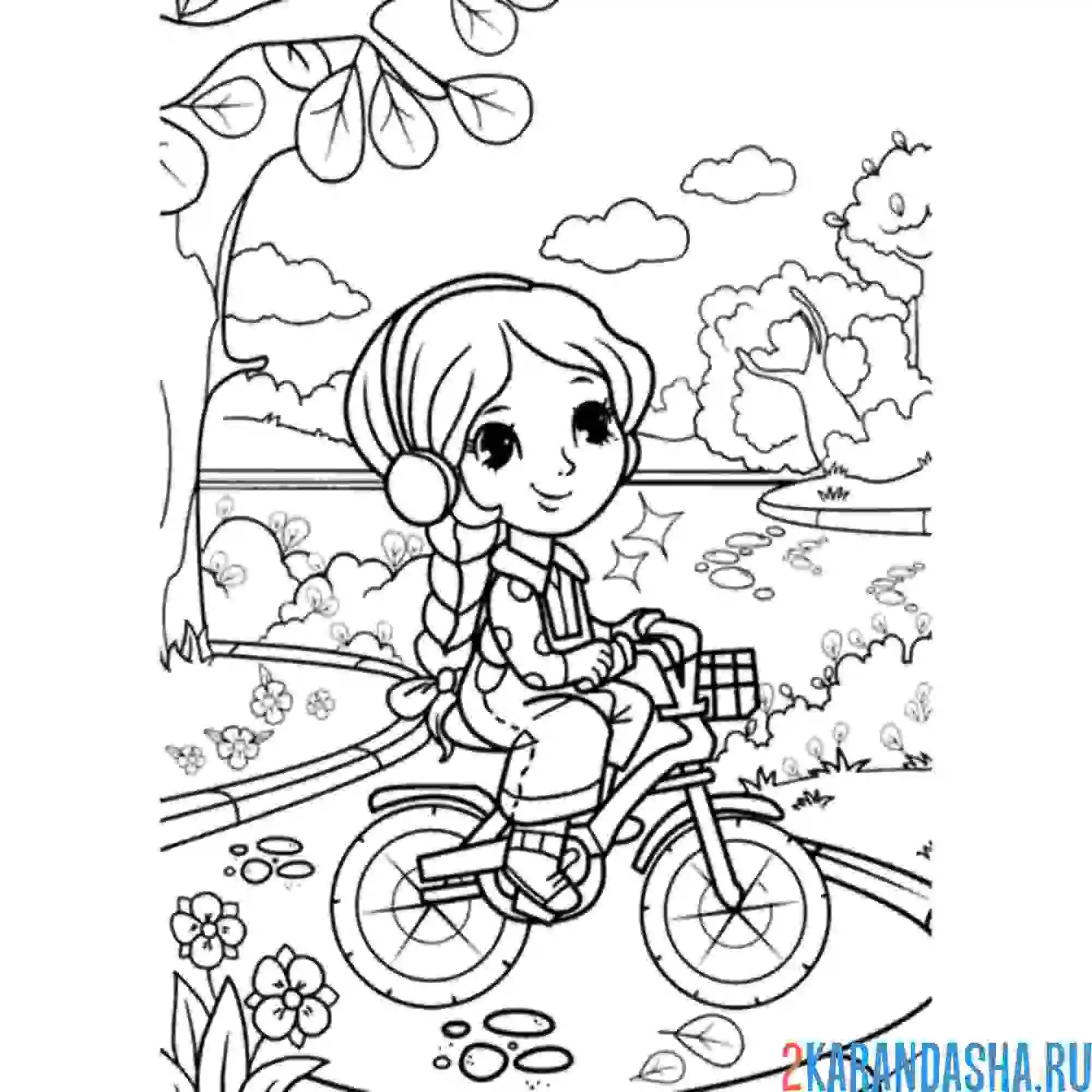 Раскраска девочка в парке на велосипеде