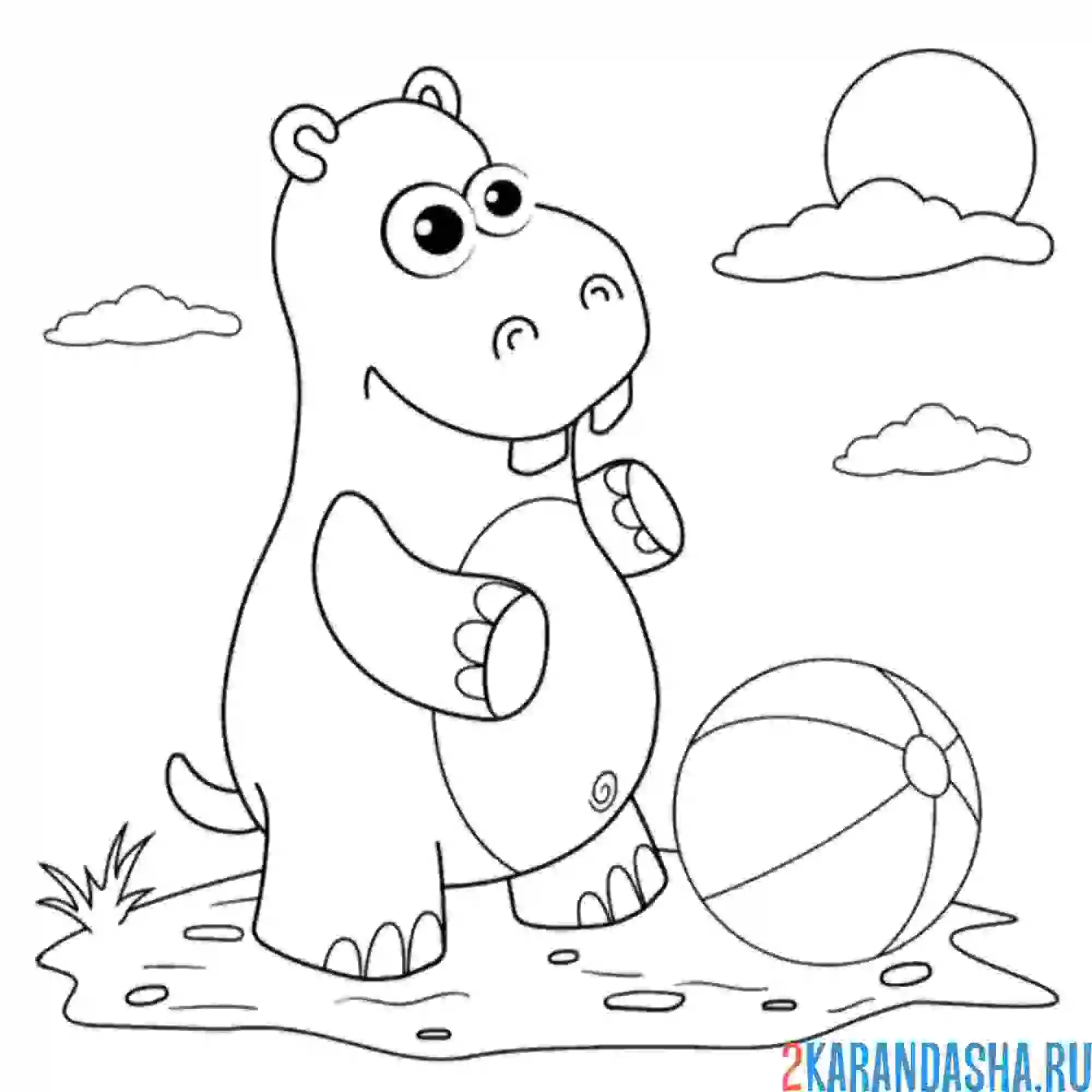 Раскраска бегемот с мячом