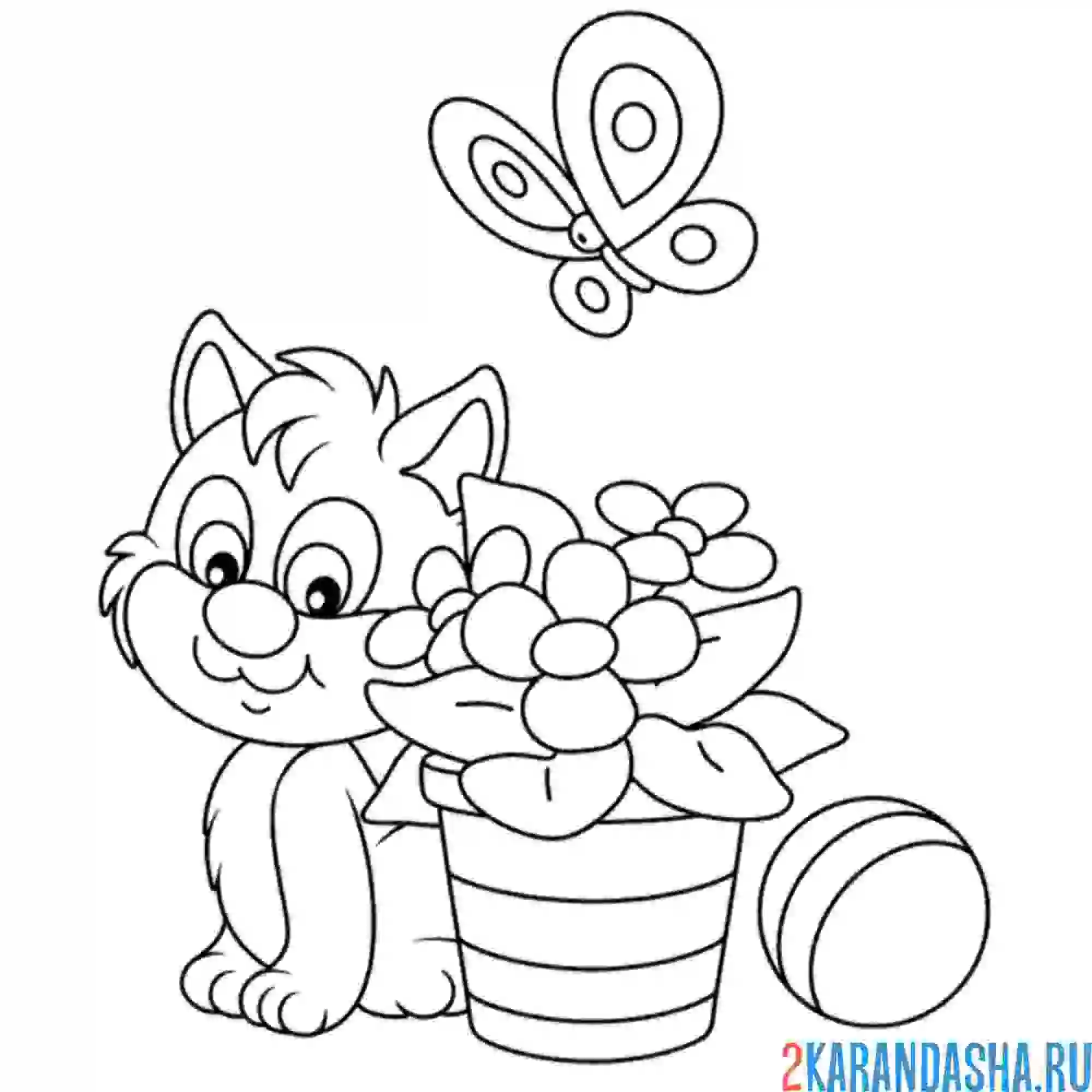 Раскраска котик с мячом