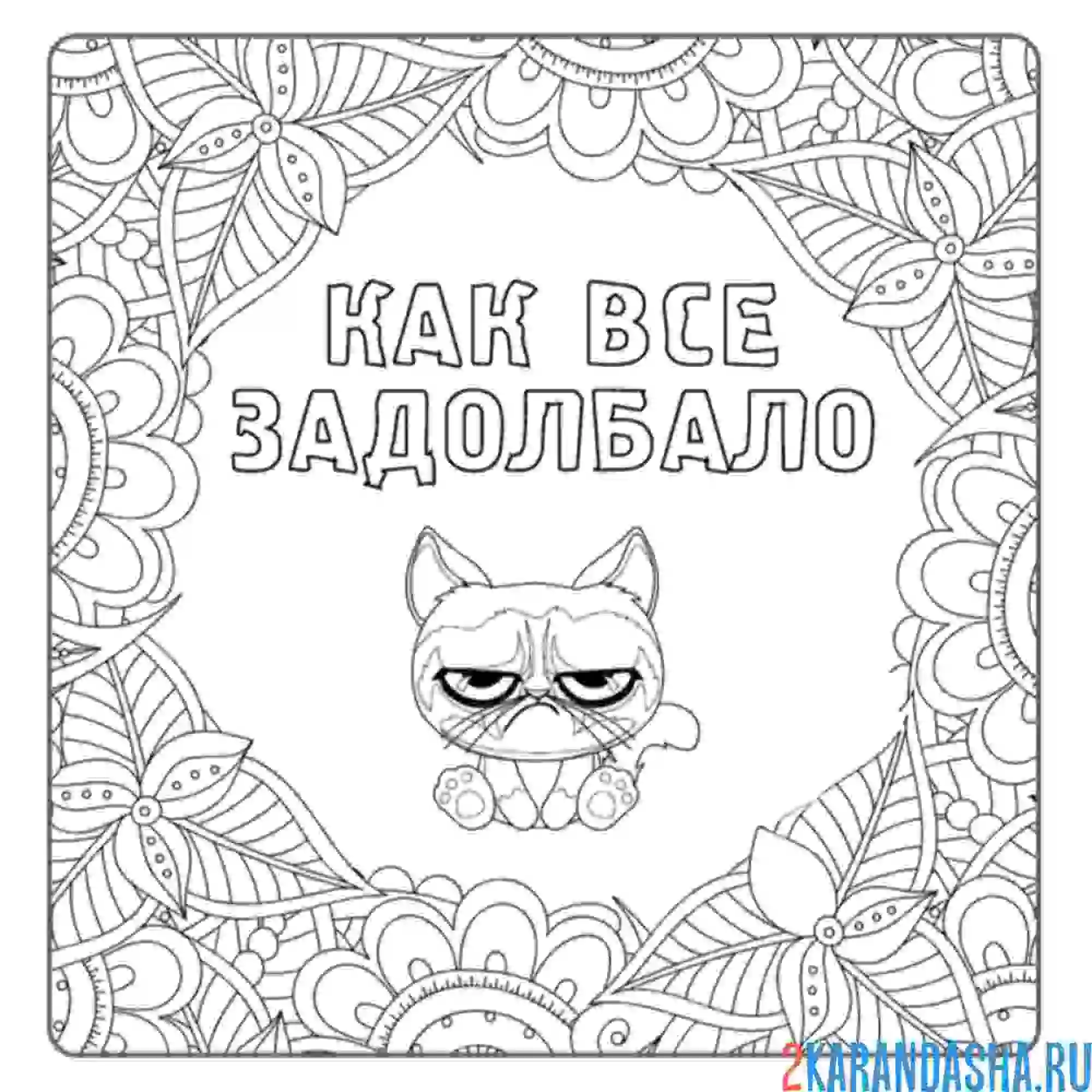 Раскраска грустный недовольный кот антистресс