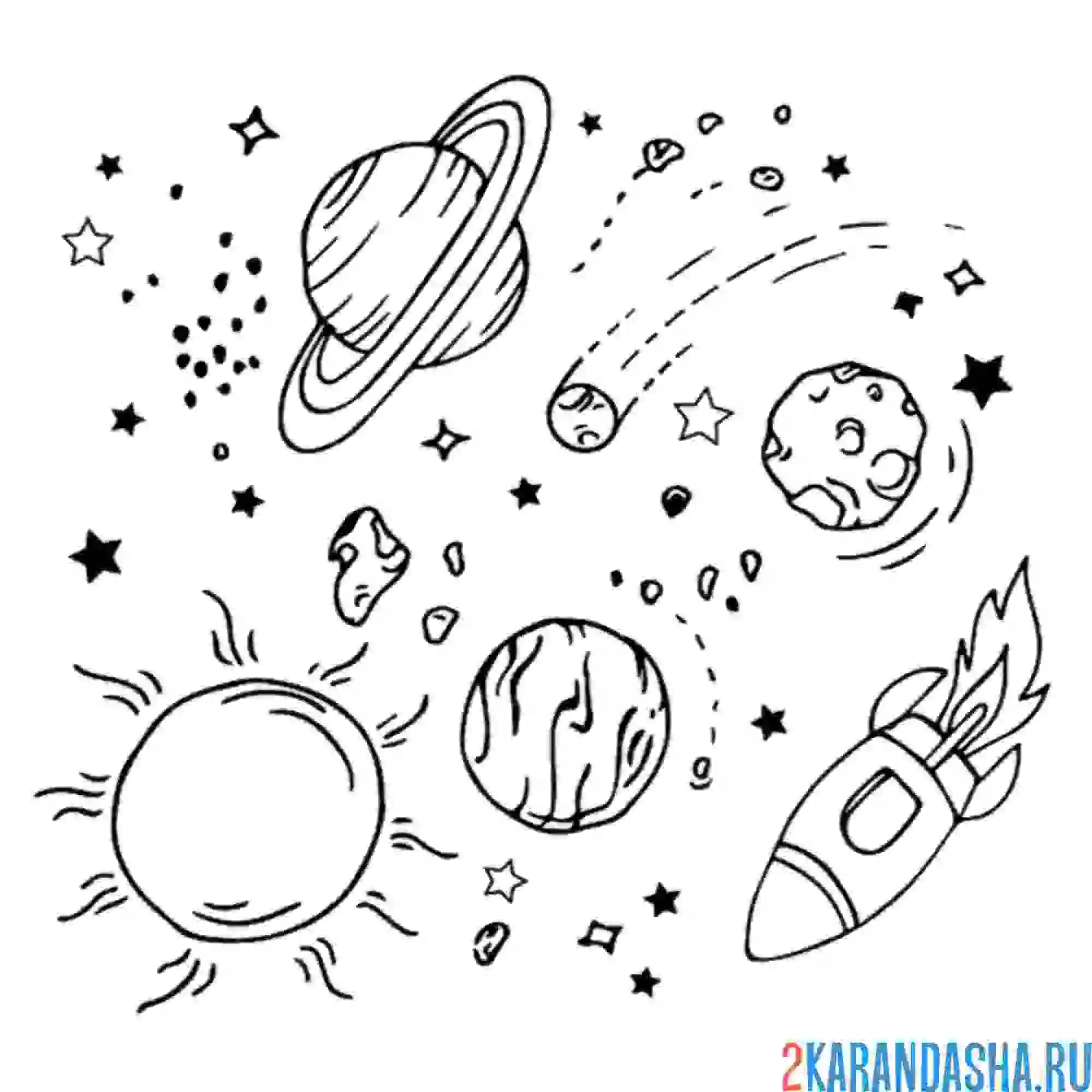 Раскраска ракета и планеты в космосе