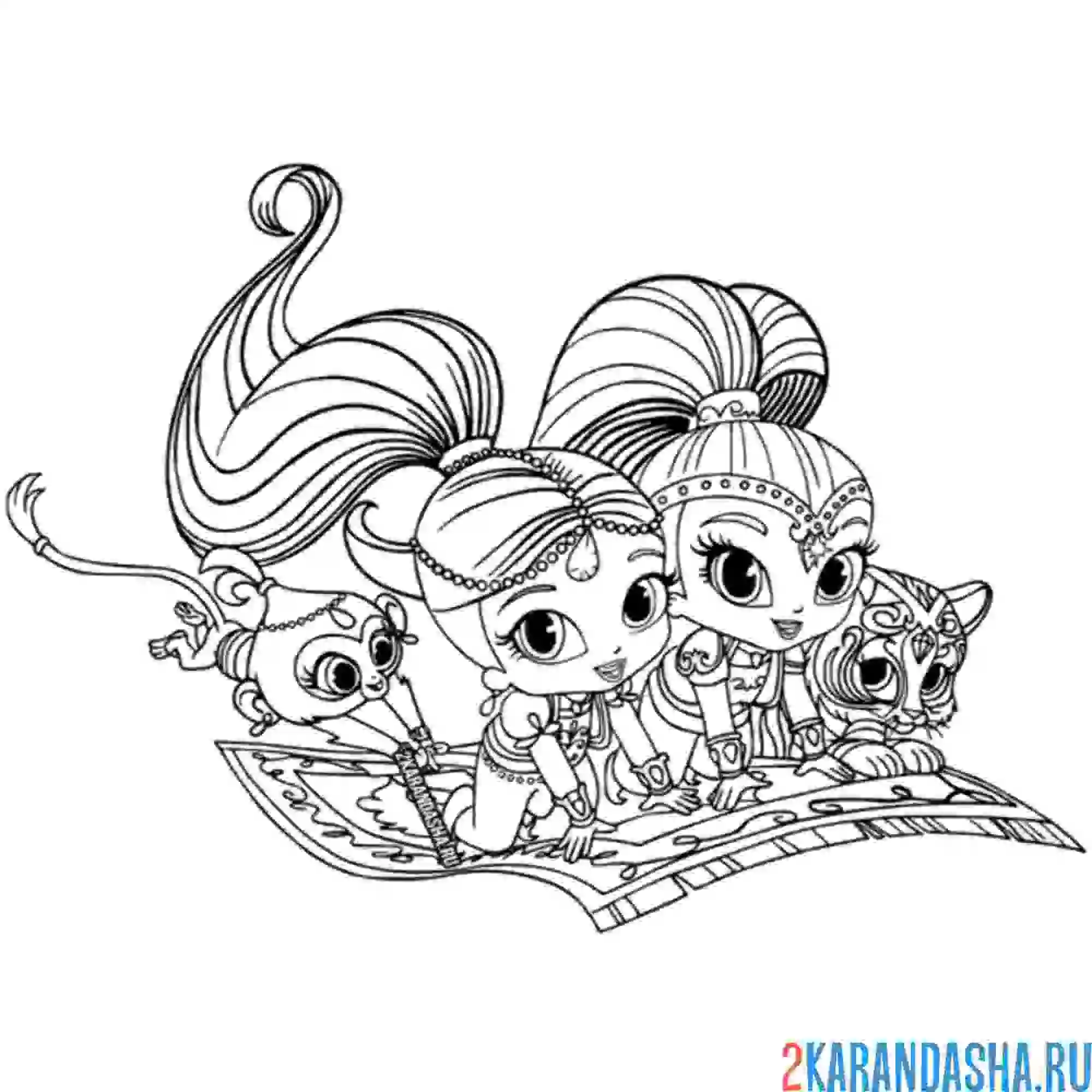 Раскраска шиммер и шайн на ковре-самолете