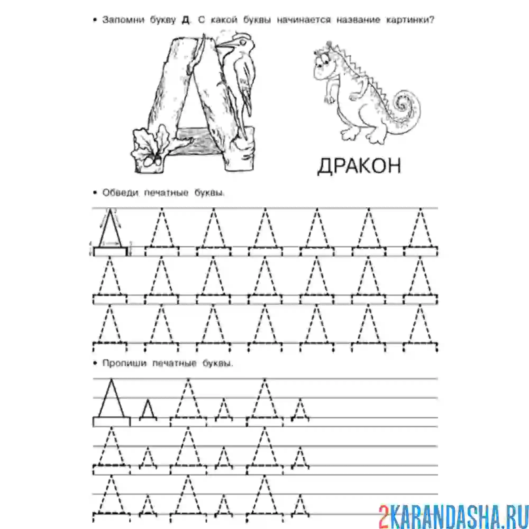 Раскраска обведи и напиши букву д