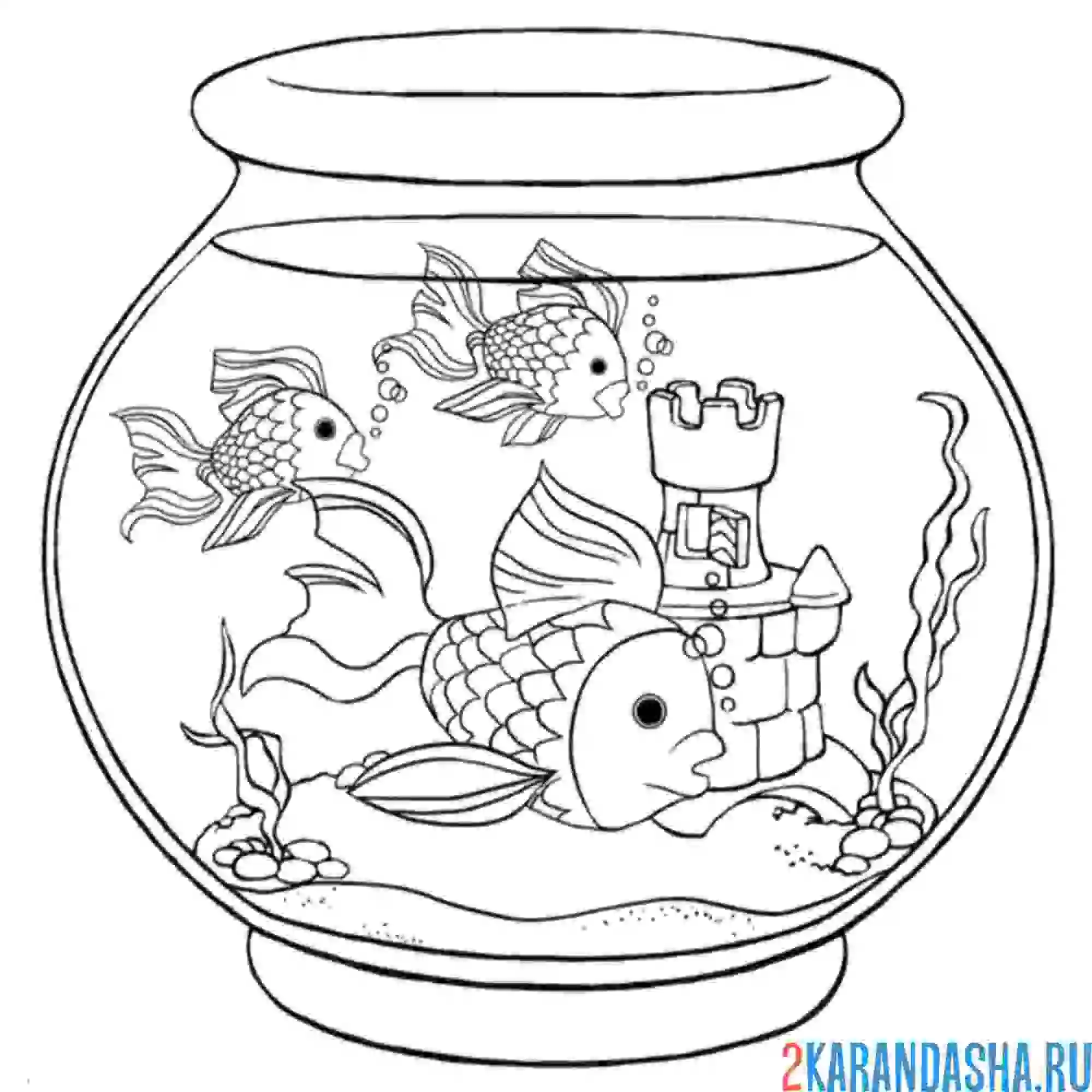 Раскраска аквариумная рыбка и замок