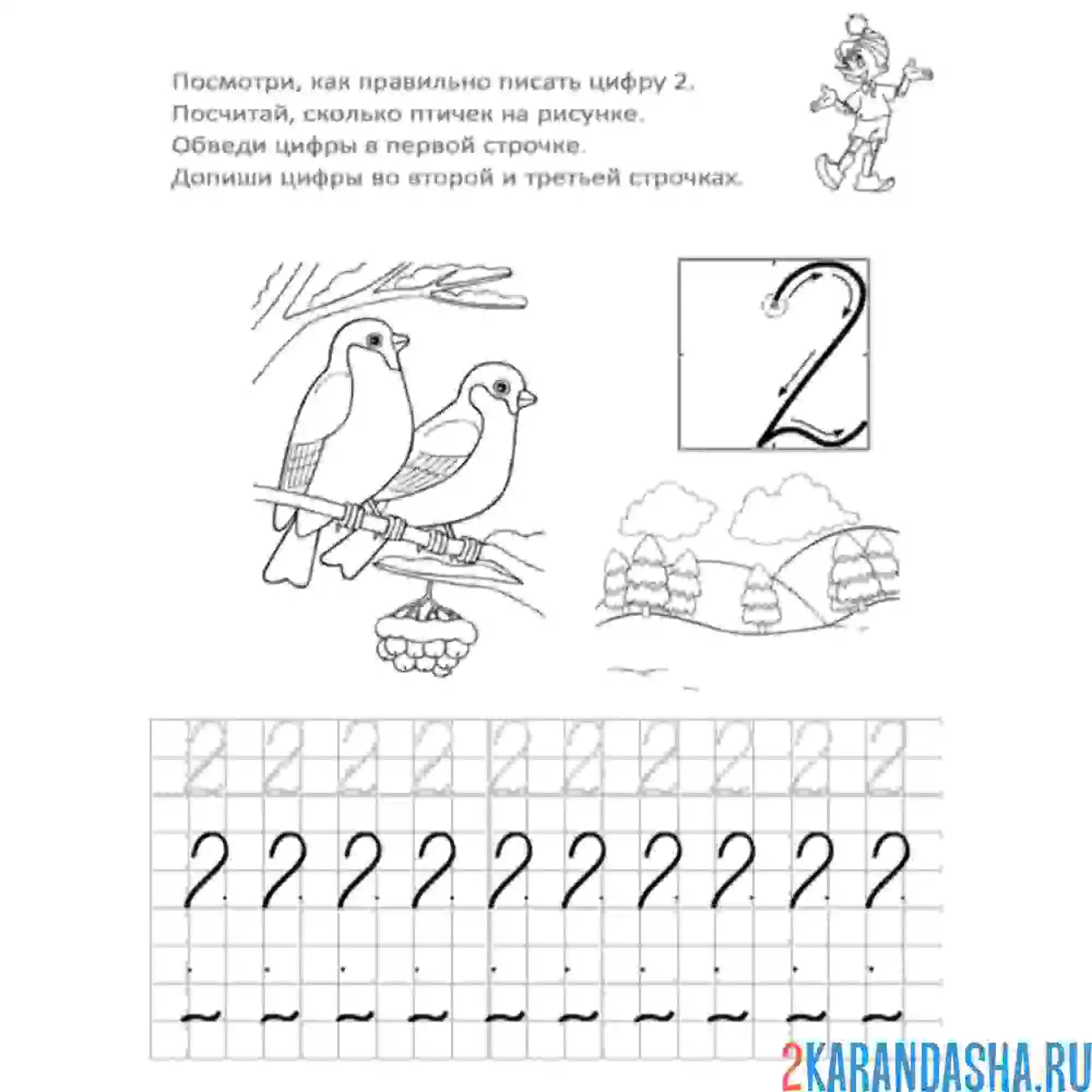 Раскраска пропись цифра 2 и картинки в детский сад