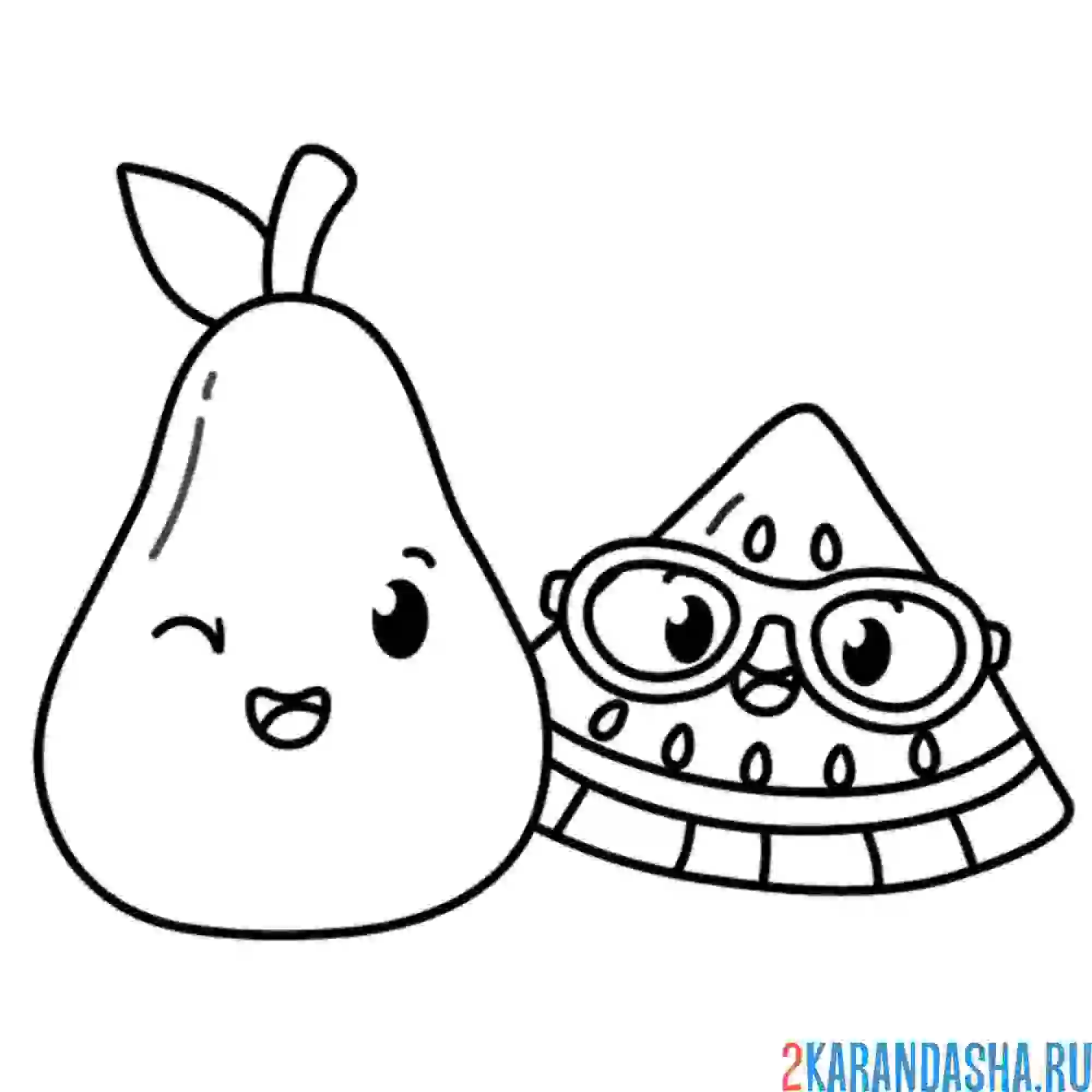 Раскраска груша и кусочек арбуза каваи