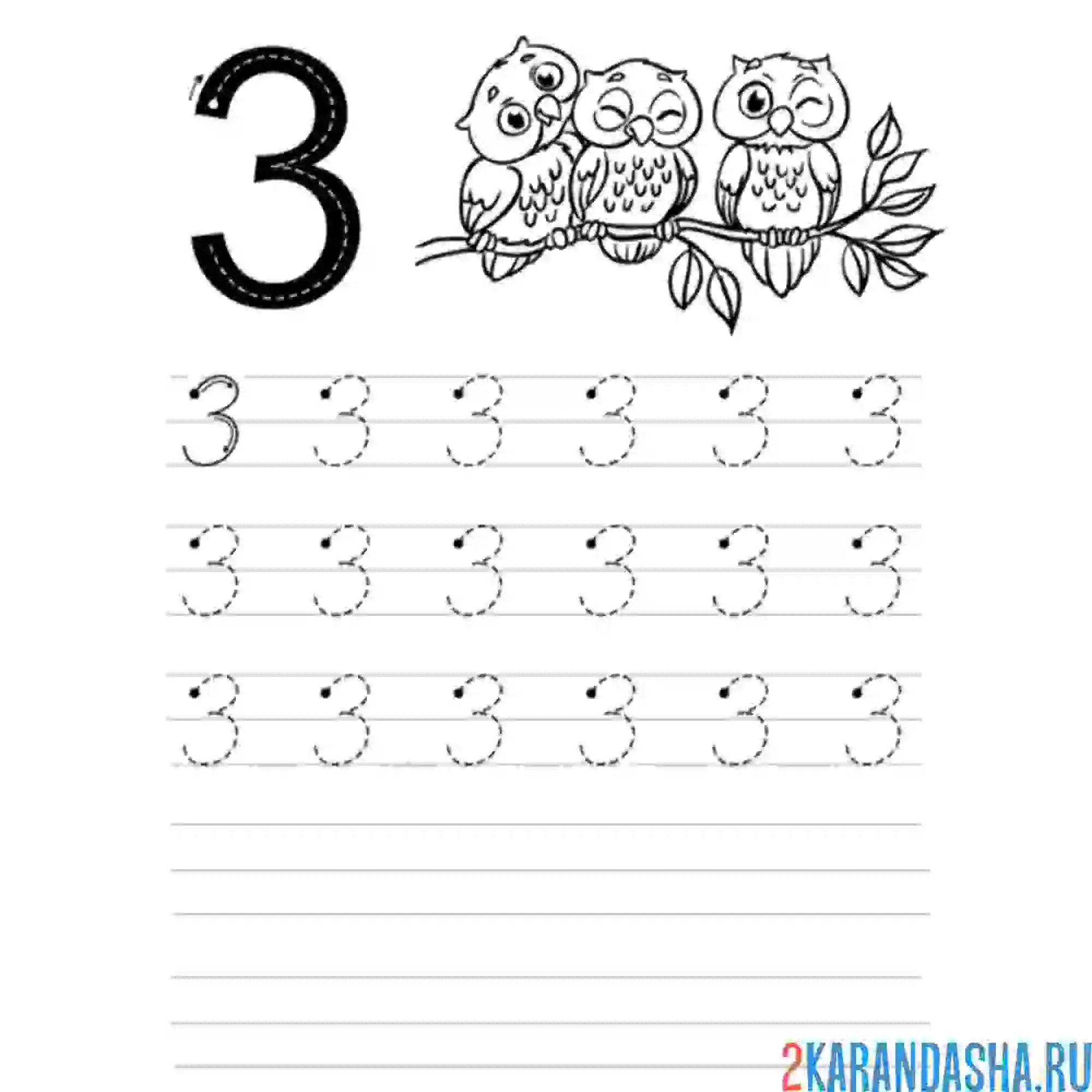 Раскраска пропись цифра 3 с картинкой совят