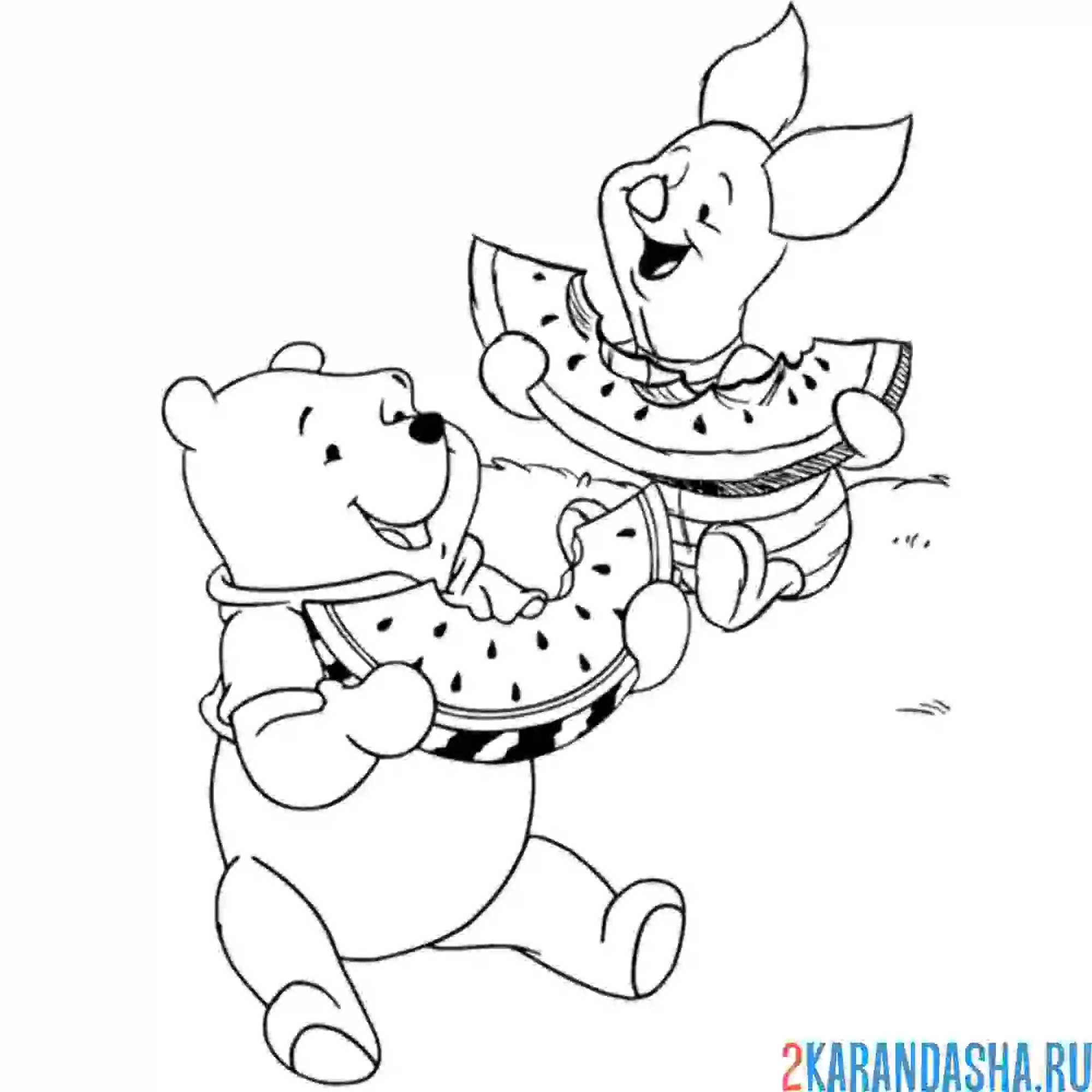 Раскраска винни-пух и пятачок едят арбуз