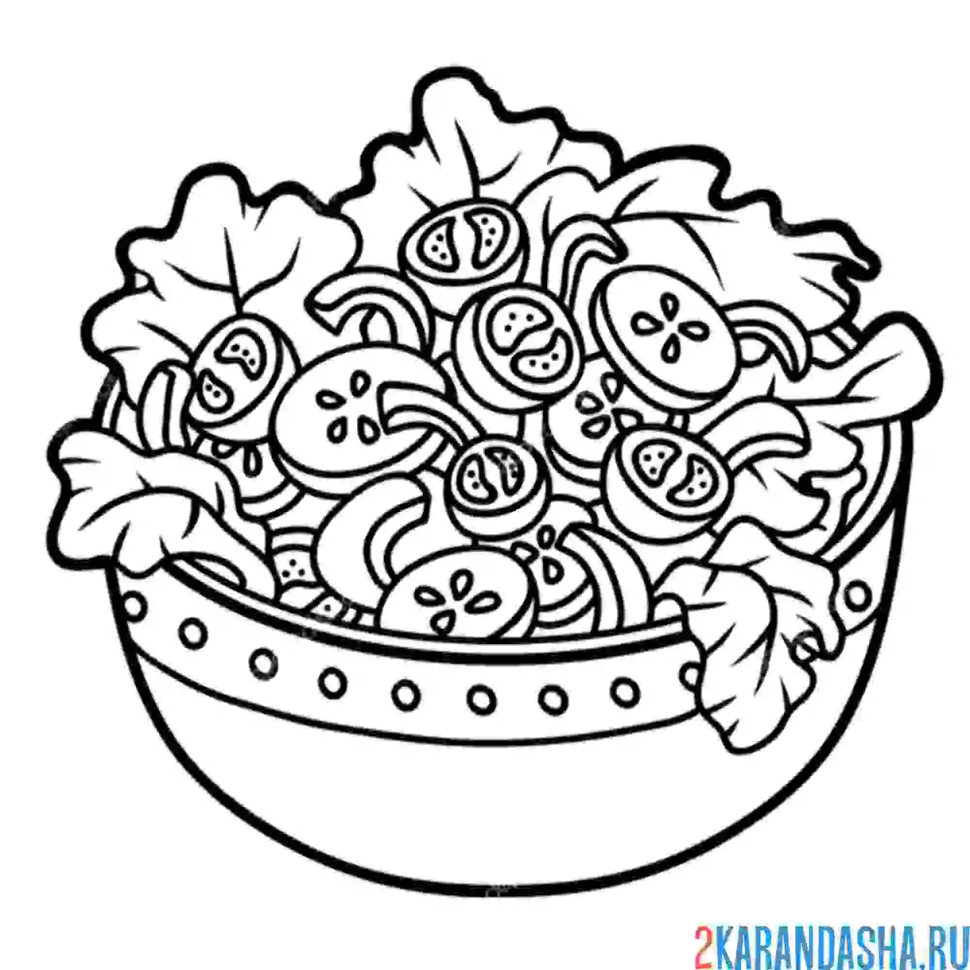 Раскраска салат в тарелке с помидорами