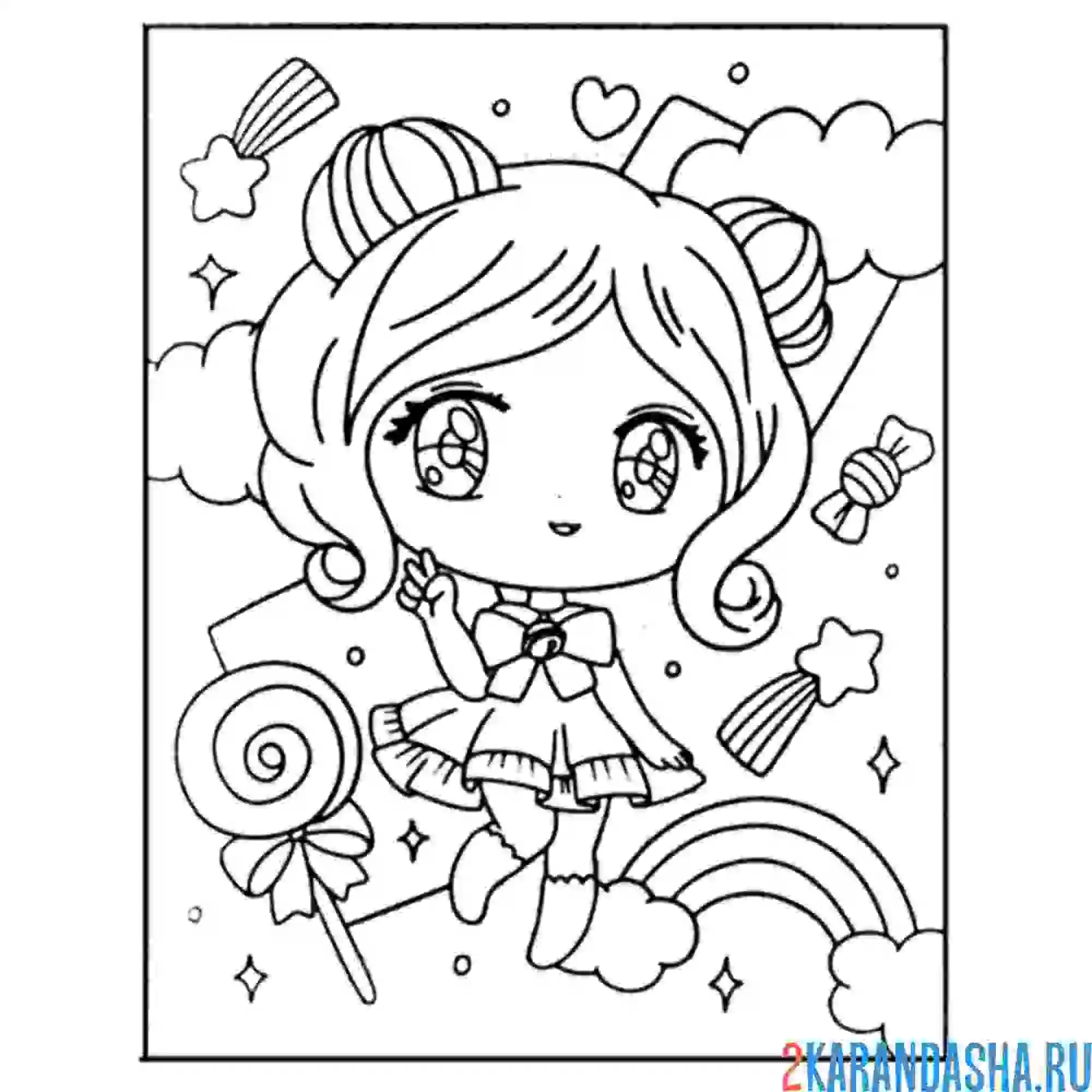 Раскраска аниме девочка у радуги