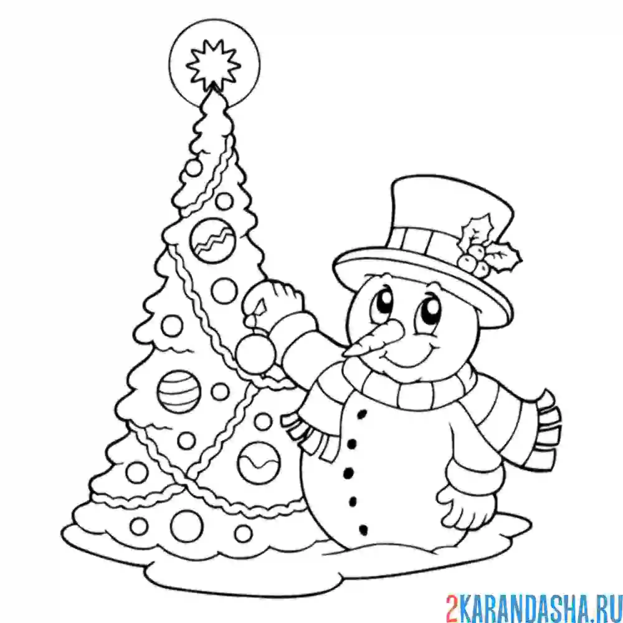 Раскраска новогодняя елка и снеговик