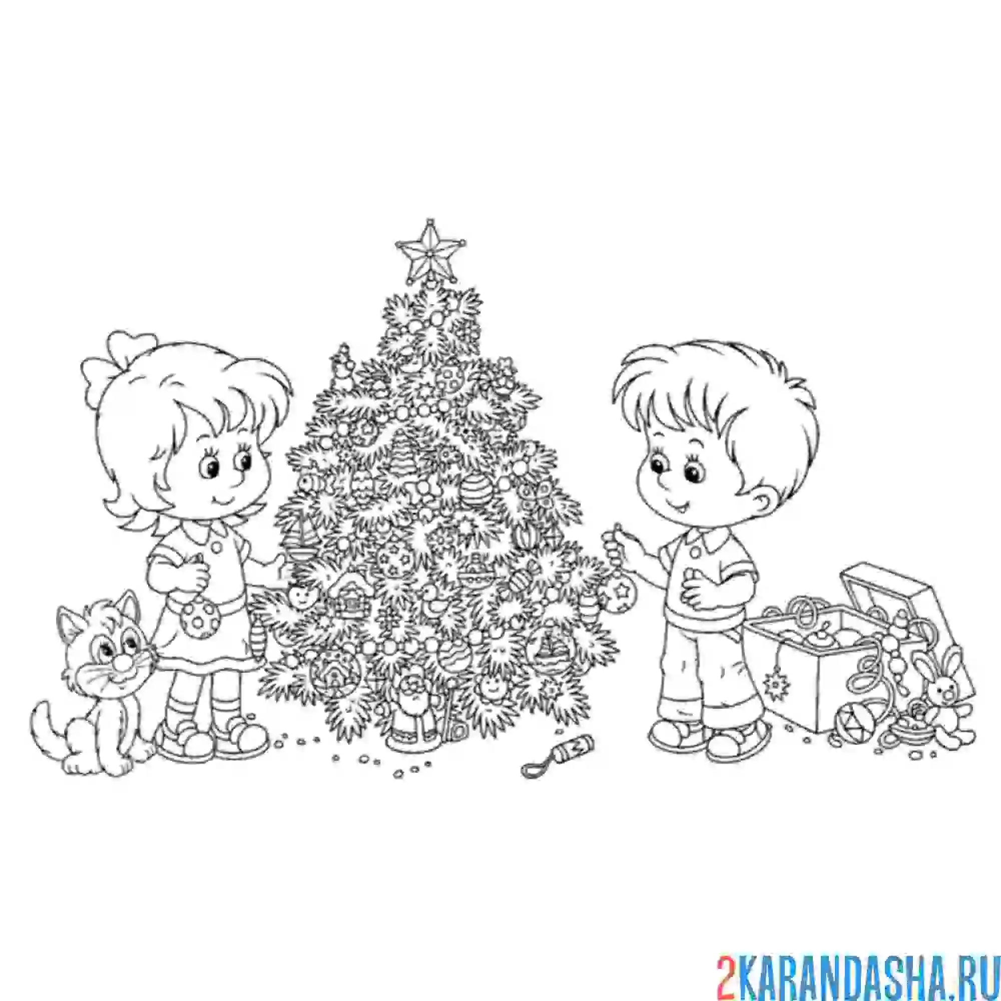 Раскраска детки рядом с новогодней елкой