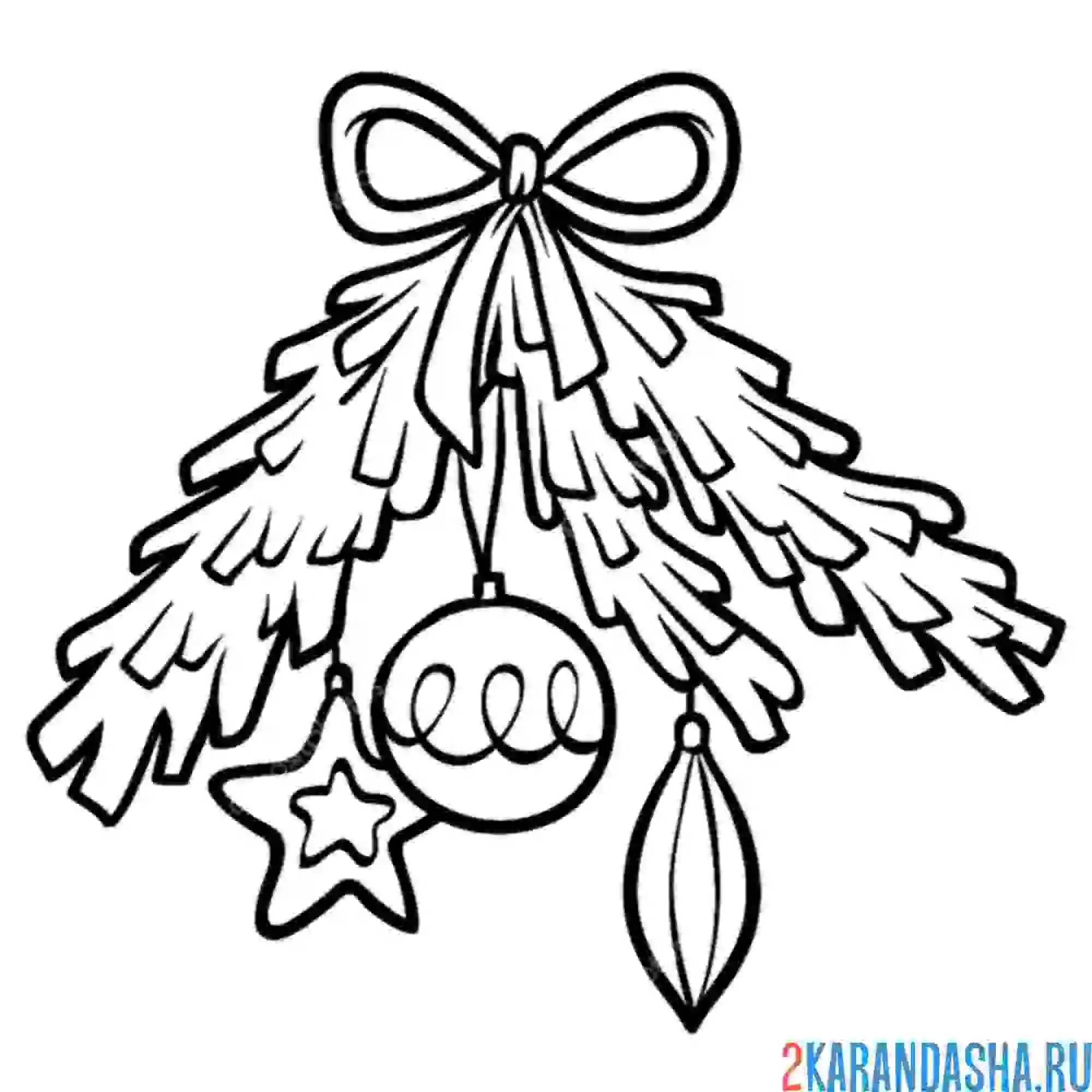Раскраска новогодняя ветка елки и игрушки