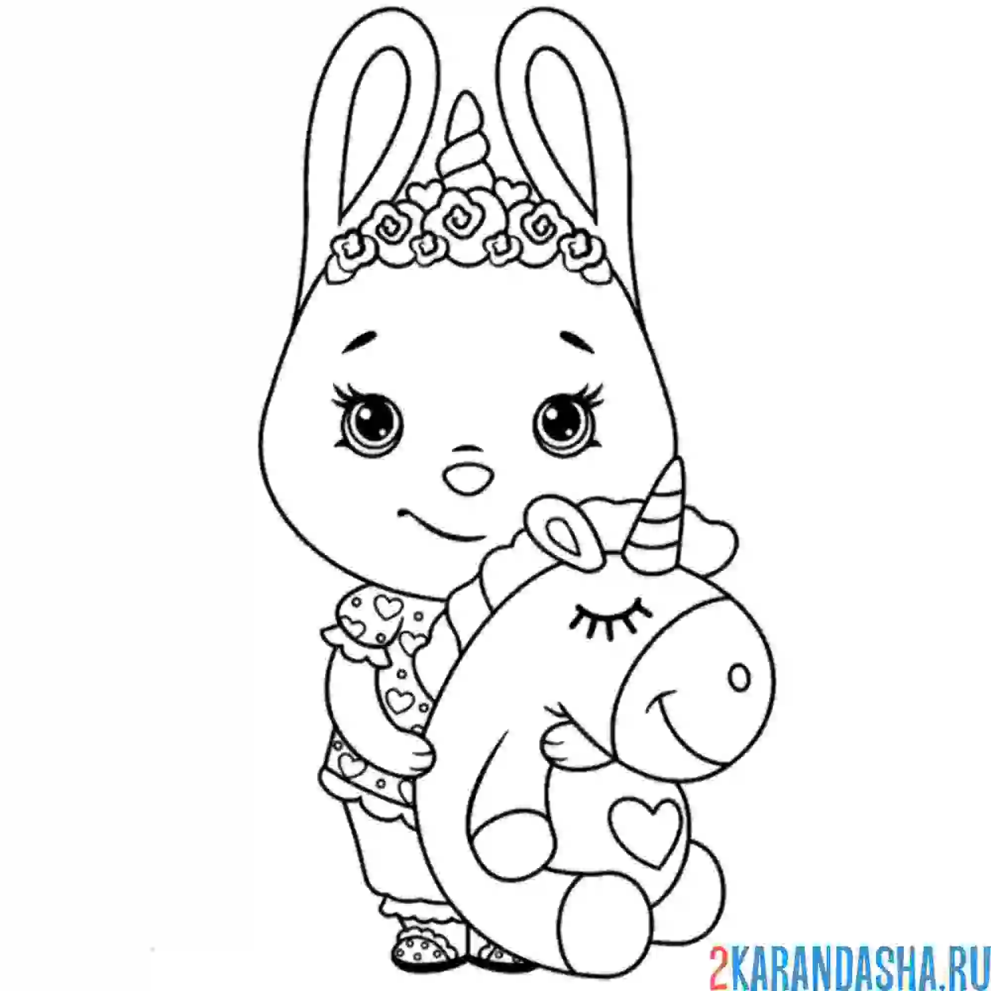 Раскраска милый зайчик-единорог