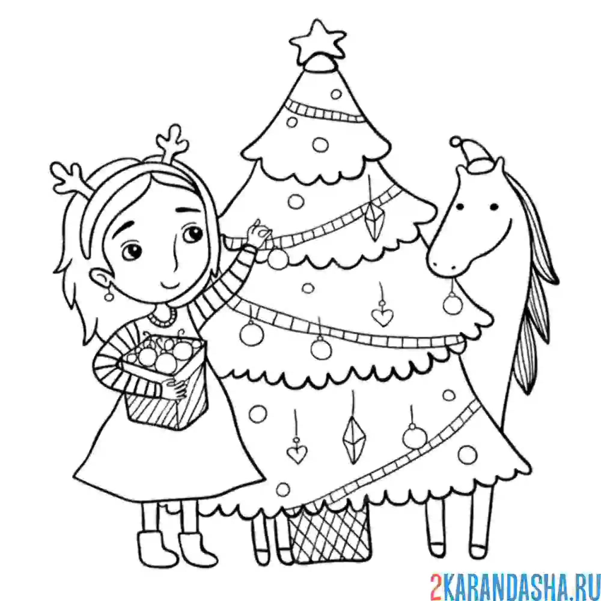 Раскраска девочка наряжает новогоднюю елку