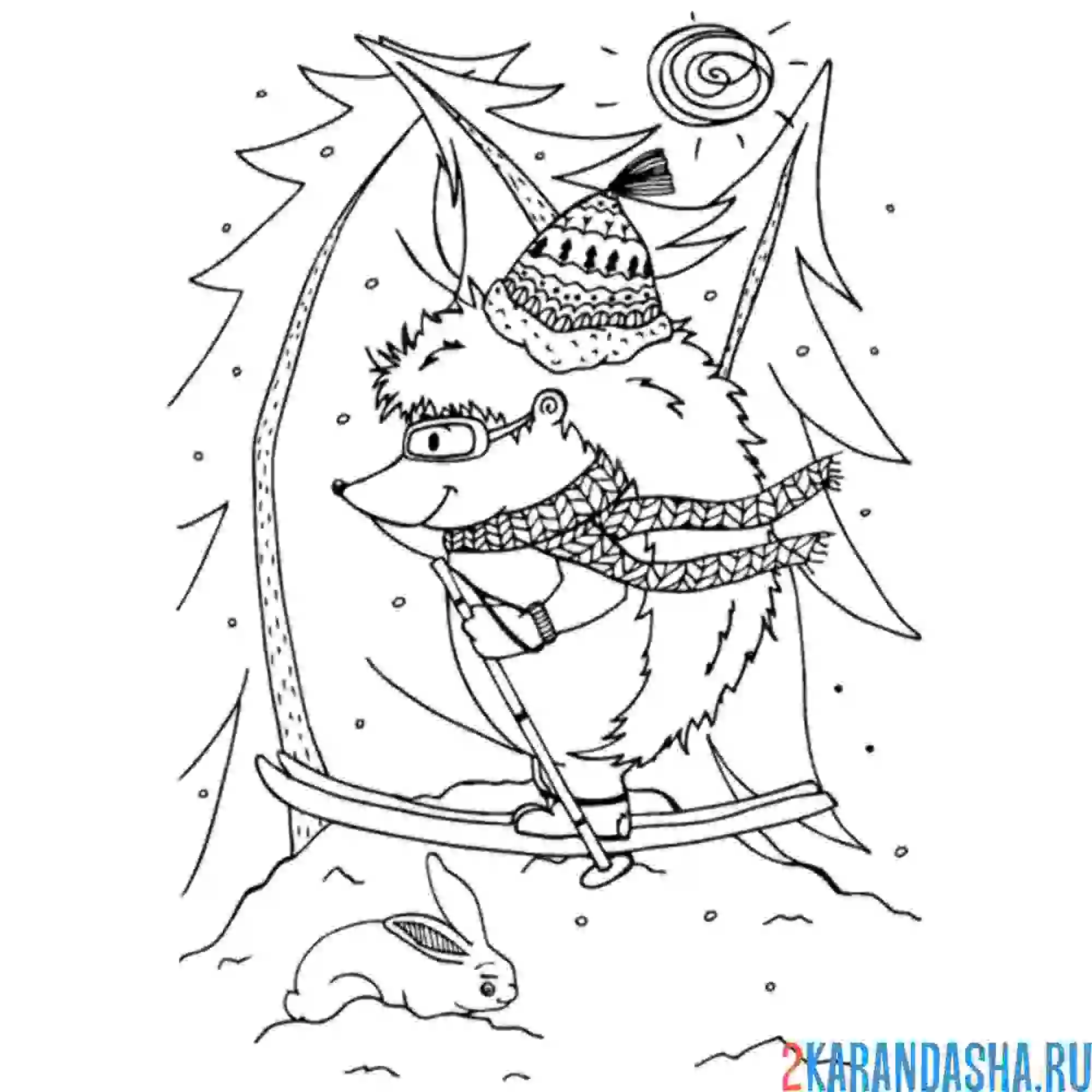 Раскраска ежик зимой на лыжах