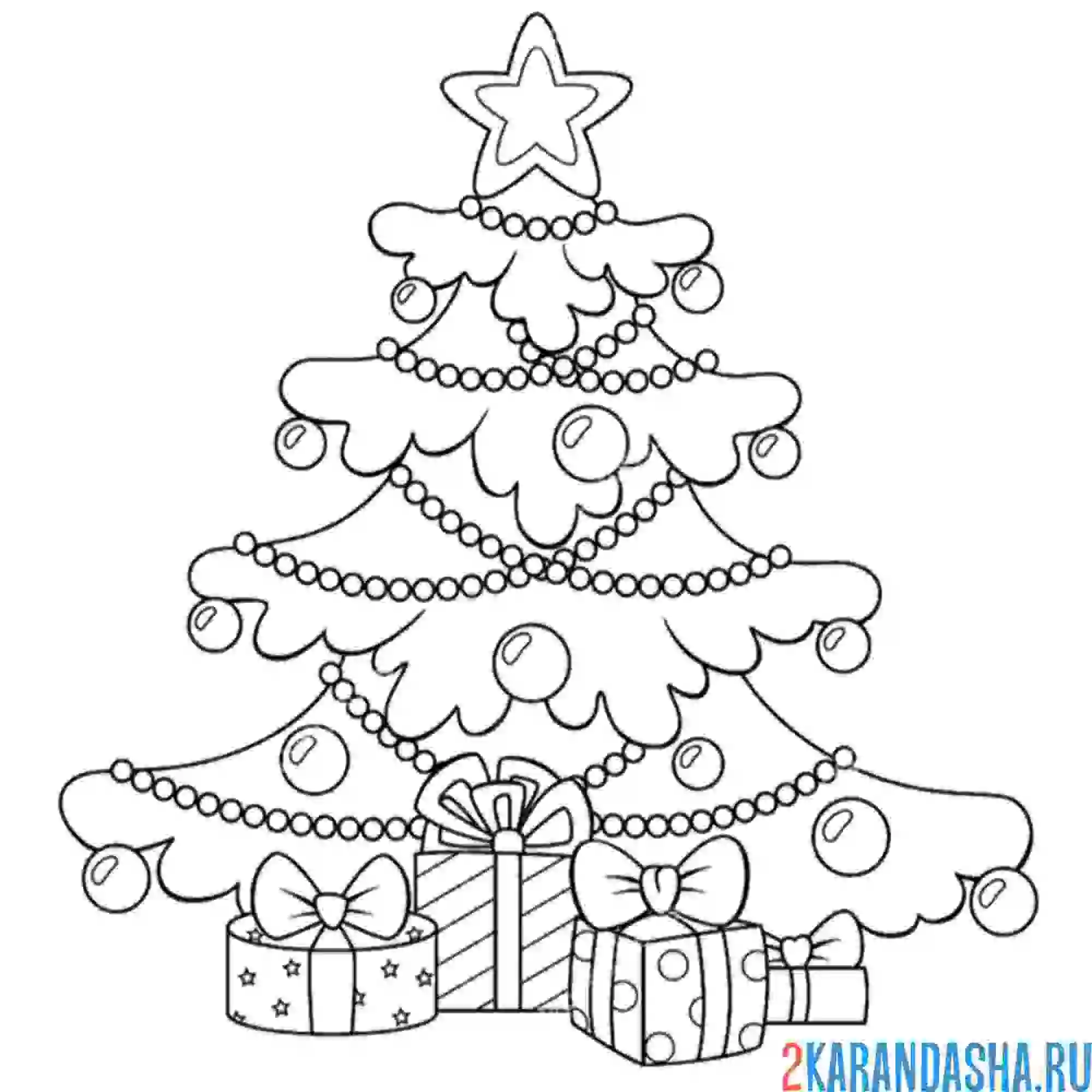 Раскраска новогодняя елка с подарками и игрушками