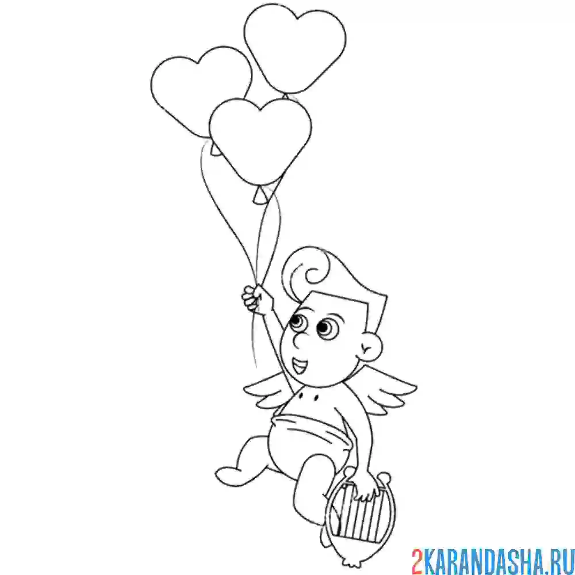 Раскраска амур с воздушными шариками