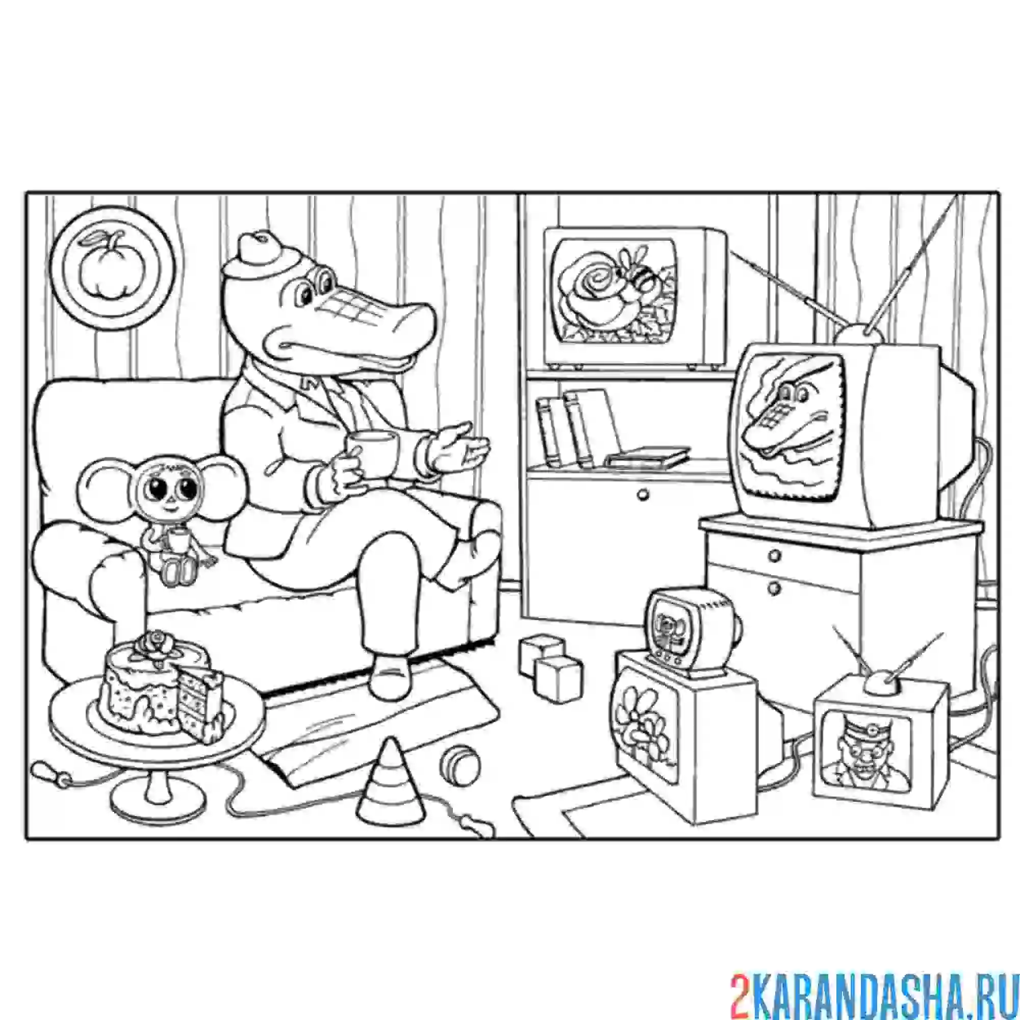 Раскраска чебурашка смотрит тв с геной