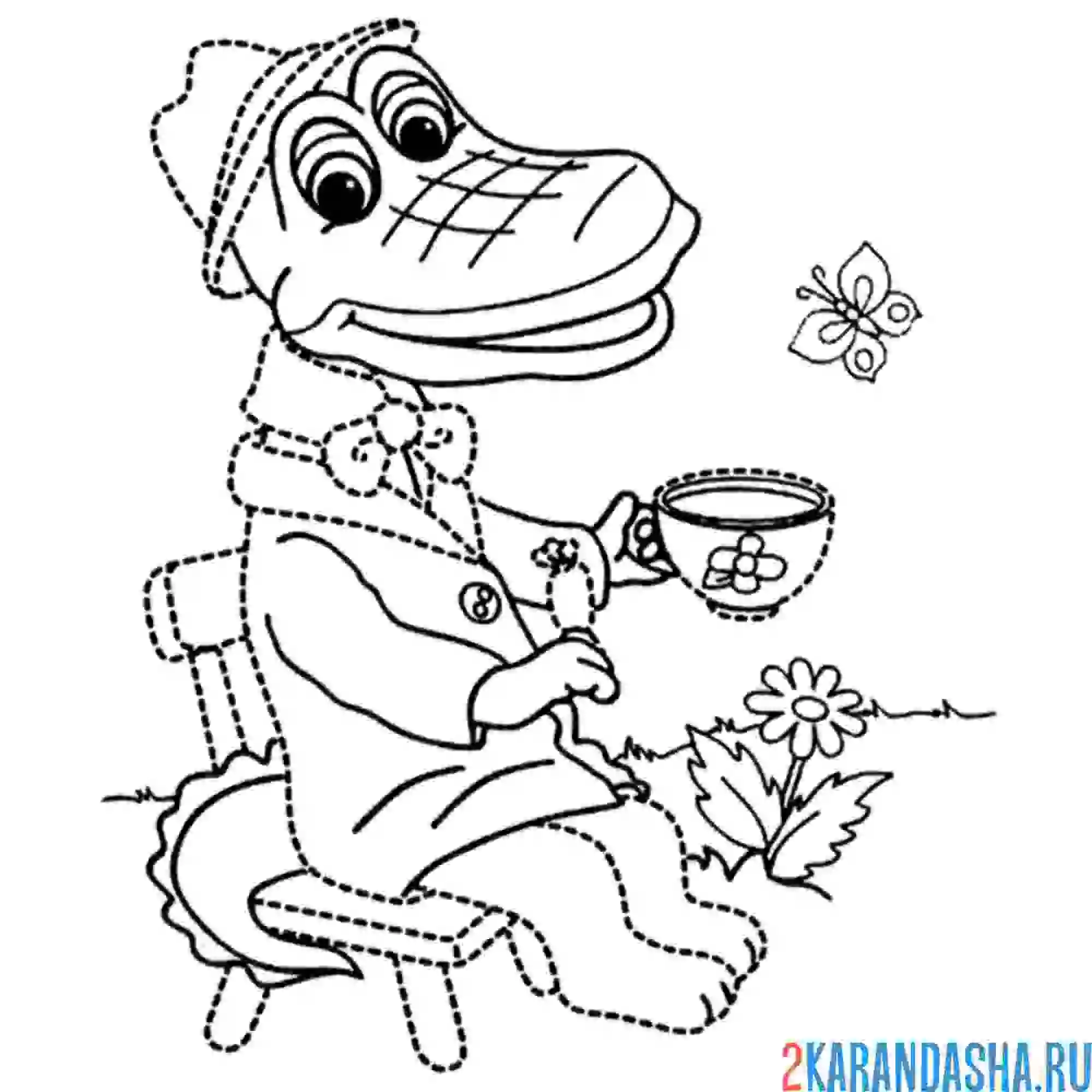 Раскраска крокодил гена пьет чай