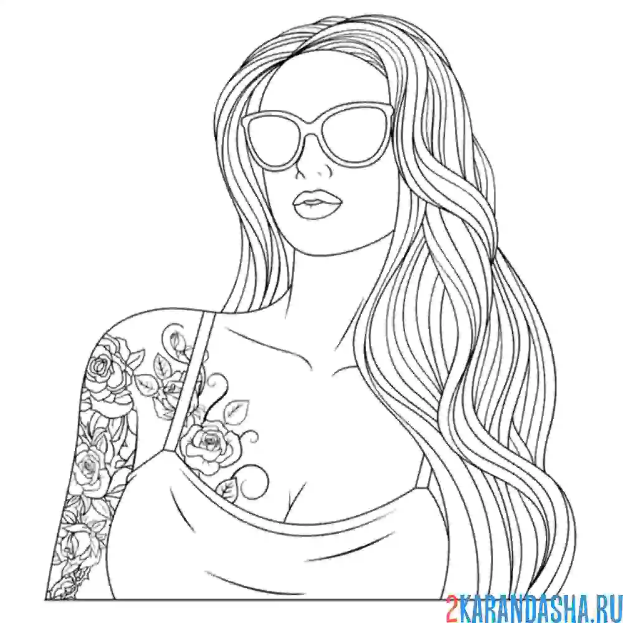 Раскраска девушка с татуировкой в очках
