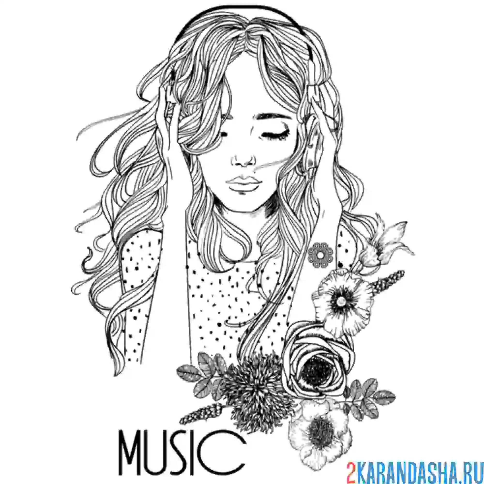 Раскраска девушка слушает музыку