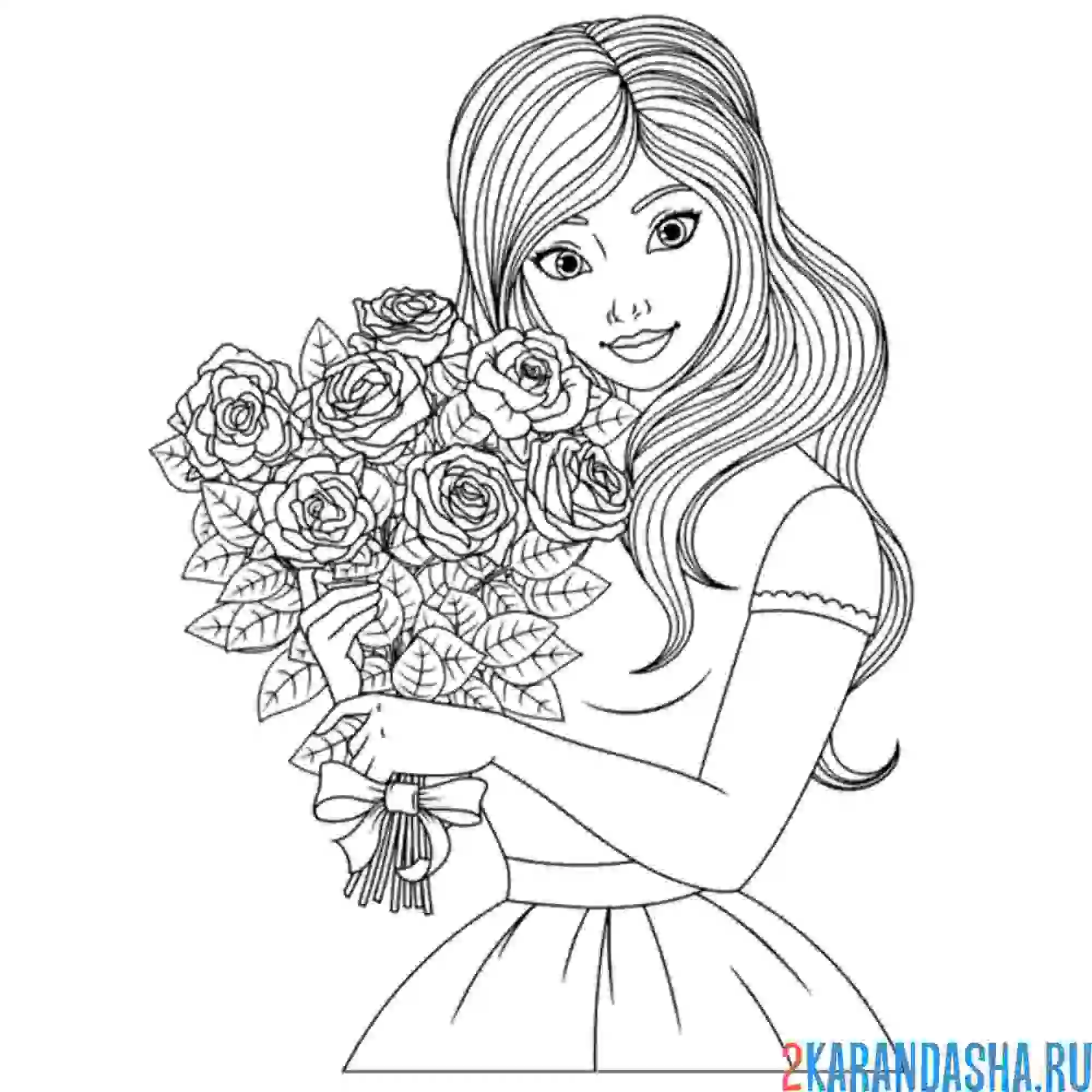 Раскраска девушка с букетом цветов