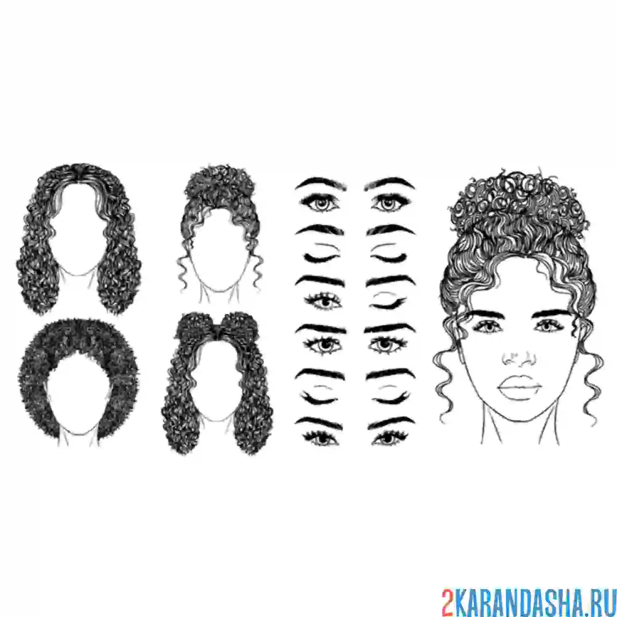 Раскраска лицо девушки с прической и разными волосами