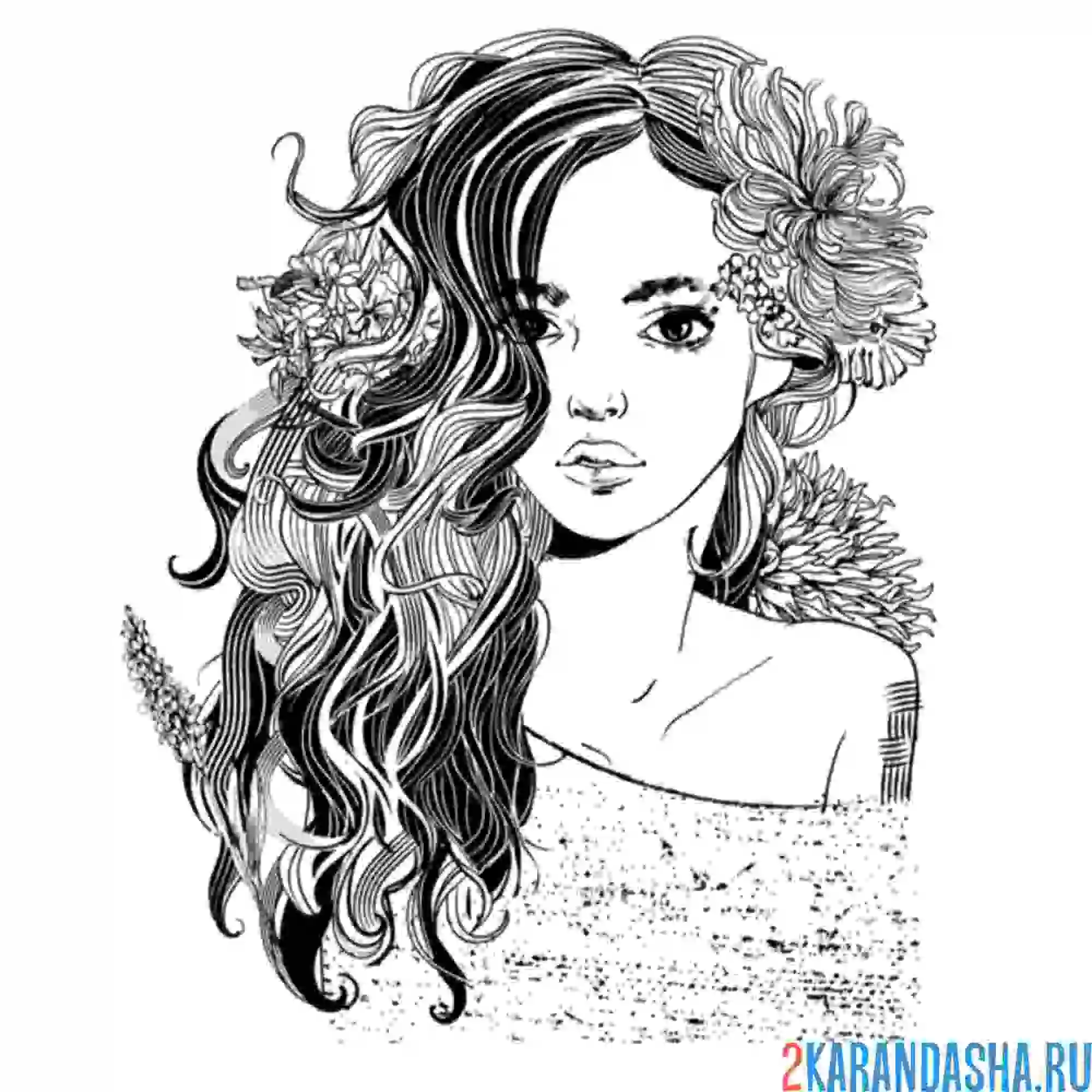 Раскраска лицо девушки и цветами в волосах