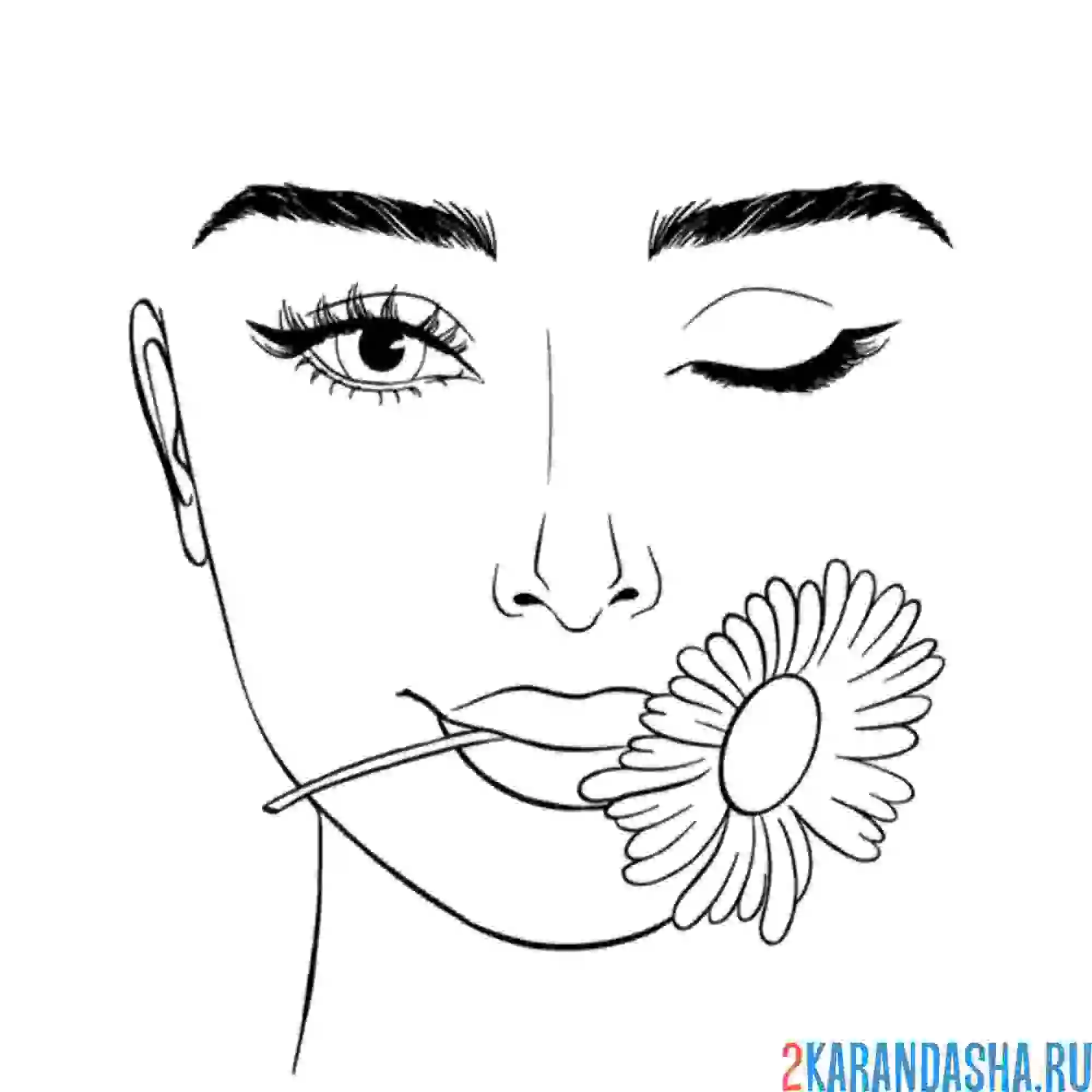 Раскраска девушка с цветком в зубах